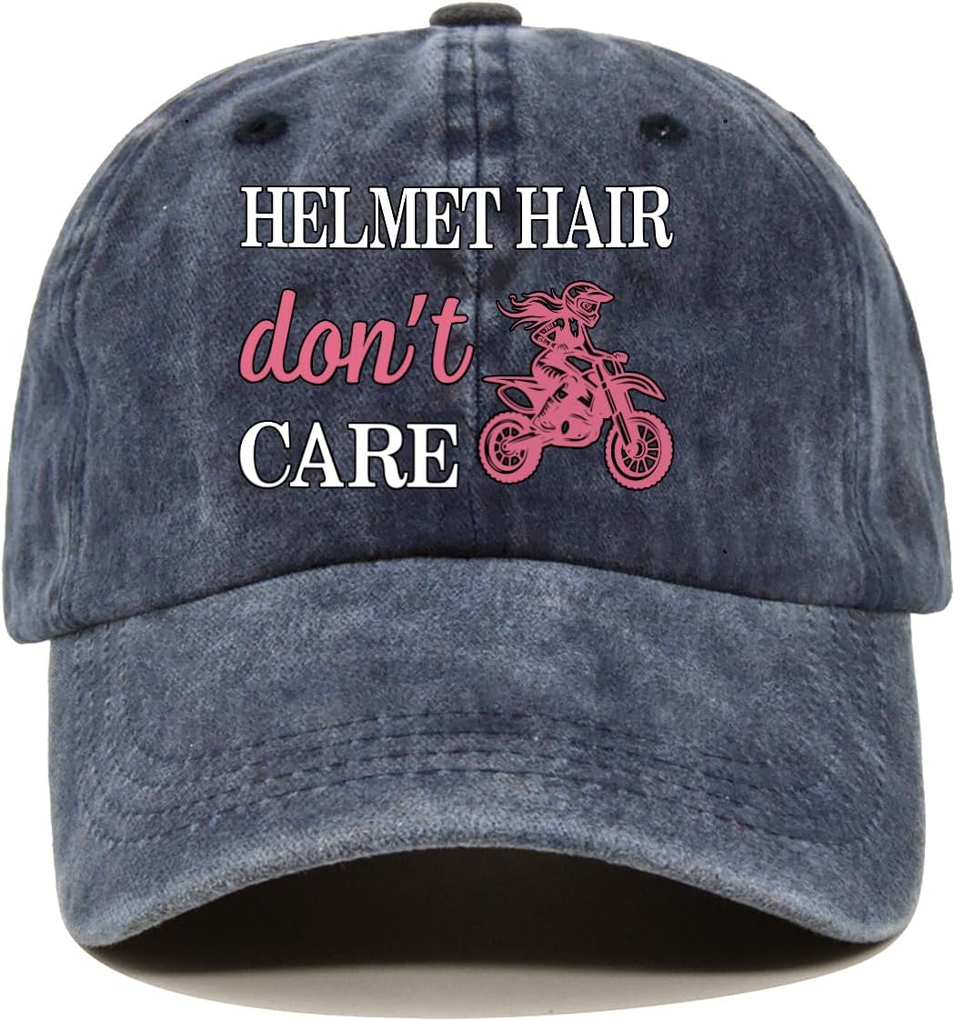 Helmet Hair Don't Care Distressed Washed Blue Baseball Cap, Vintage Adjustable Cotton Cap, Retirement Gifts for Women, Hat for Mom BFF, Birthday for Motorcycle Enthusiast Motorcycle Women