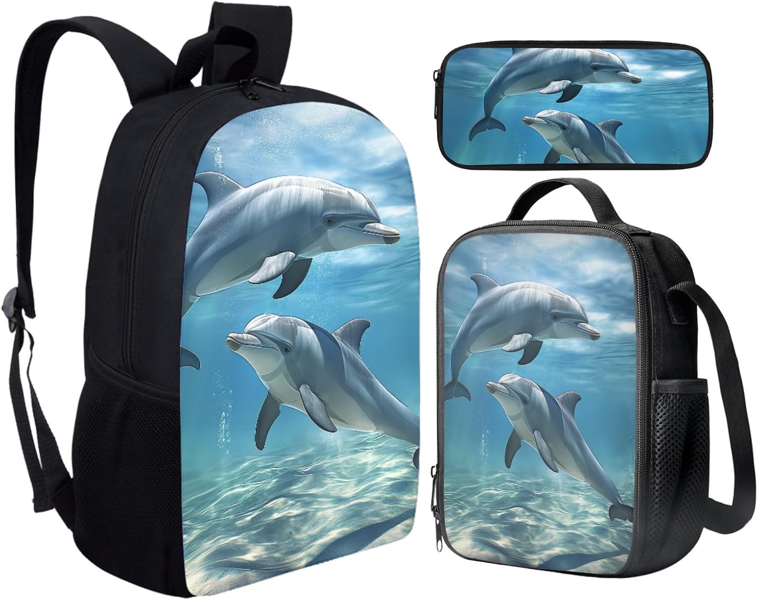 Dolphins Pattern Kids School Bookbag Set Boys Girls Travel Casual Backpack with Umbrella Drinks Side Pocket Student Book Bag with Lunch Bag Pencil Case Set 3 in 1 Back to School Supplies