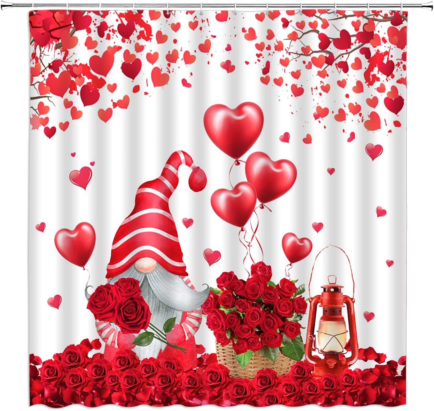 Valentine's Day Shower Curtain Cute Gnomes Red Pink Roses Romantic Falling Love Heart Couple Fabric Bathroom Decor Curtains with Hooks,Red Pink White
