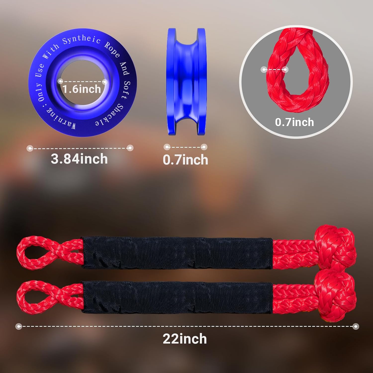 Synthetic Soft Shackle Rope 1/2 x 22 Inch Red Recovery Tow Shackles with Blue Recovery Ring 56,000lbs Breaking Strength Offroad Soft Shackle Recovery Kit for Off-Road Winch and Vehicle Towing