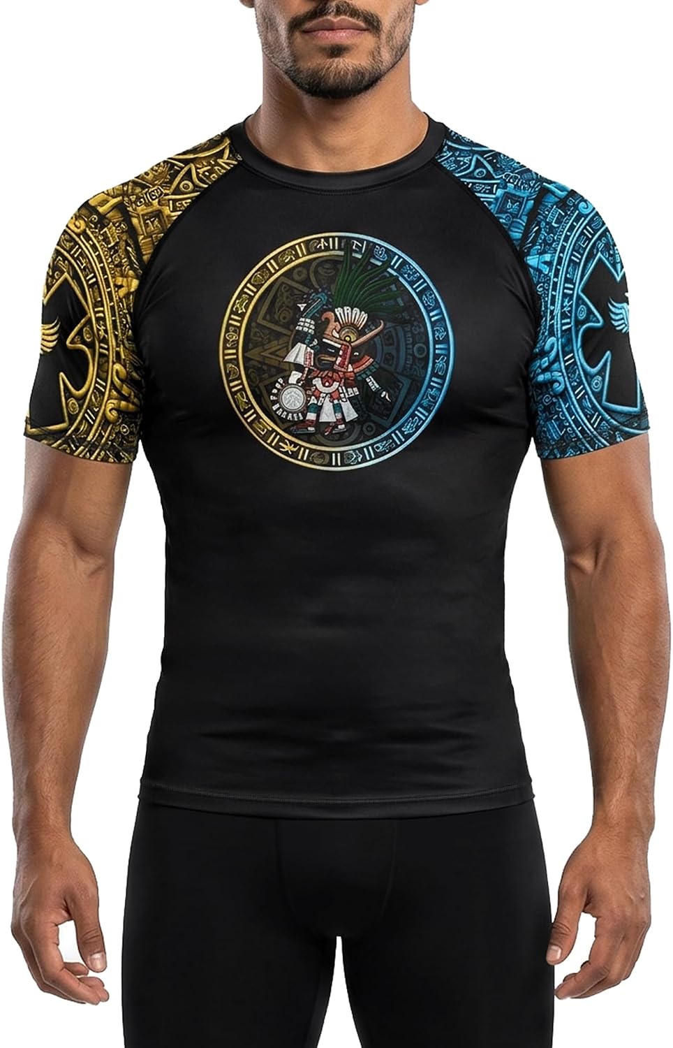 Raven Fightwear Men's Huitzilopochtli Aztec Short Sleeve Rash Guard MMA BJJ Black