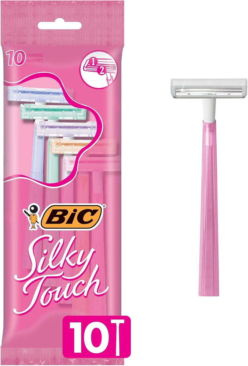 Maquinillas de afeitar desechables BIC Silky Touch para mujer, con 2 cuchillas, bonitos mangos de afeitar en colores pastel, paquete de 10 maquinillas de afeitar