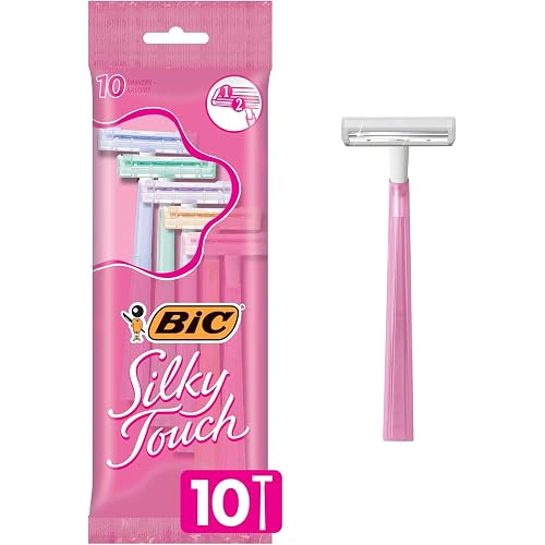 BIC Silky Touch Women's Disposable Razors, With 2 Blades, Pretty Pastel Razor Handles, 10 Count Pack of Shaving Razors