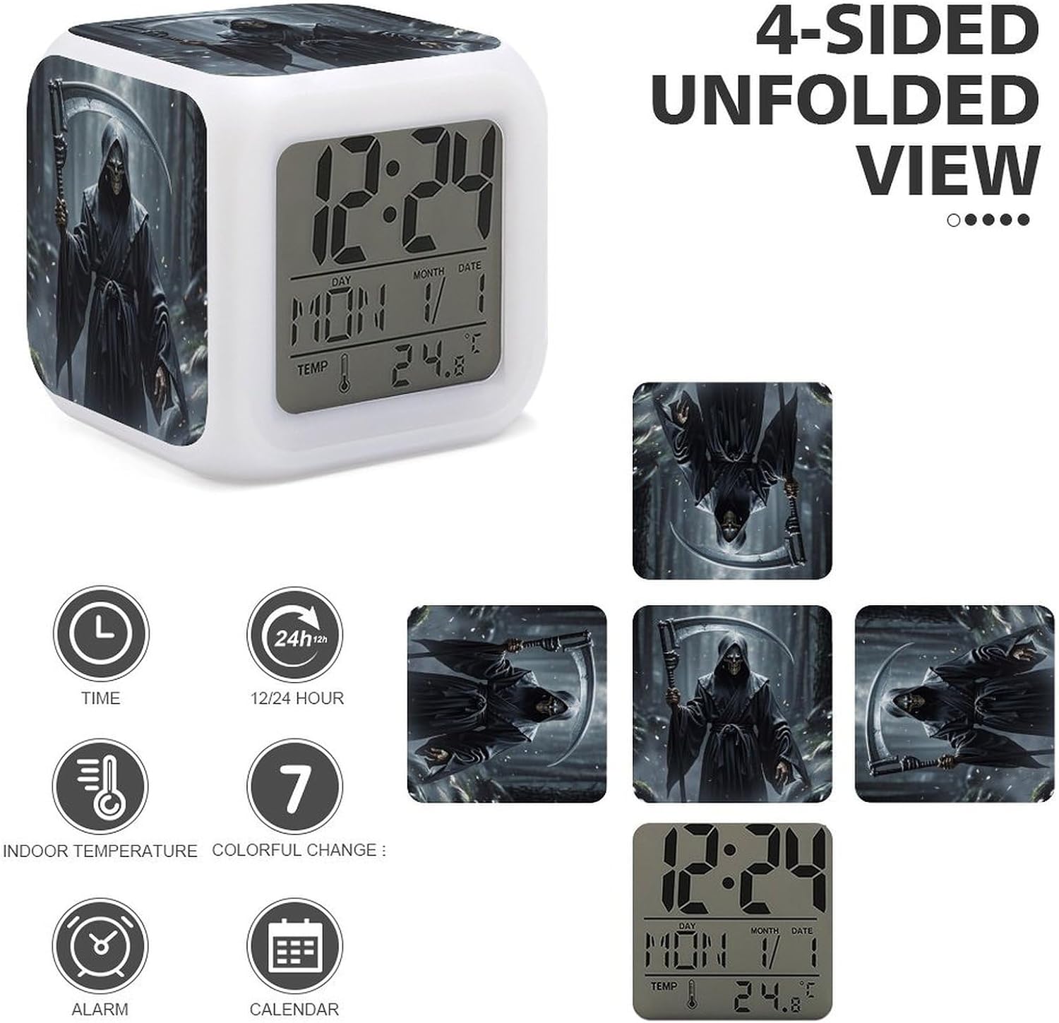 Night Light Alarm Clock, 7 Color Changing, Grim Reaper image 4