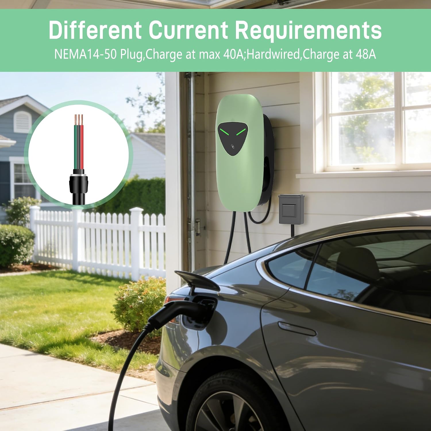Level 2 EV Charger 48Amp Hardwired, 11.5kW Fast Charging Stations with 25ft Cable, WiFi Smart Control & RFID, J1772 240V Wall Electric Car Chargers for Home,Indoor,Outdoor (Green)
