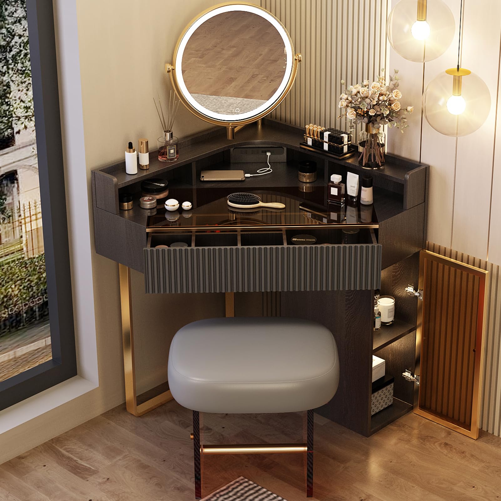 Lartis Vanity Desk with Stool,Bedroom Storage Dresser Set, 1 Storage Drawer, 1 high Storage Storage Pull Cabinet, 360 °rotatable Dimmable Makeup Mirror (Black)