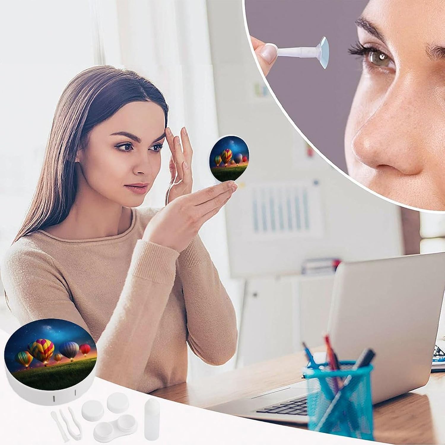 Hot Air Balloons Glowing Contact Lens Case Portable Travel Box Holder with Mirror