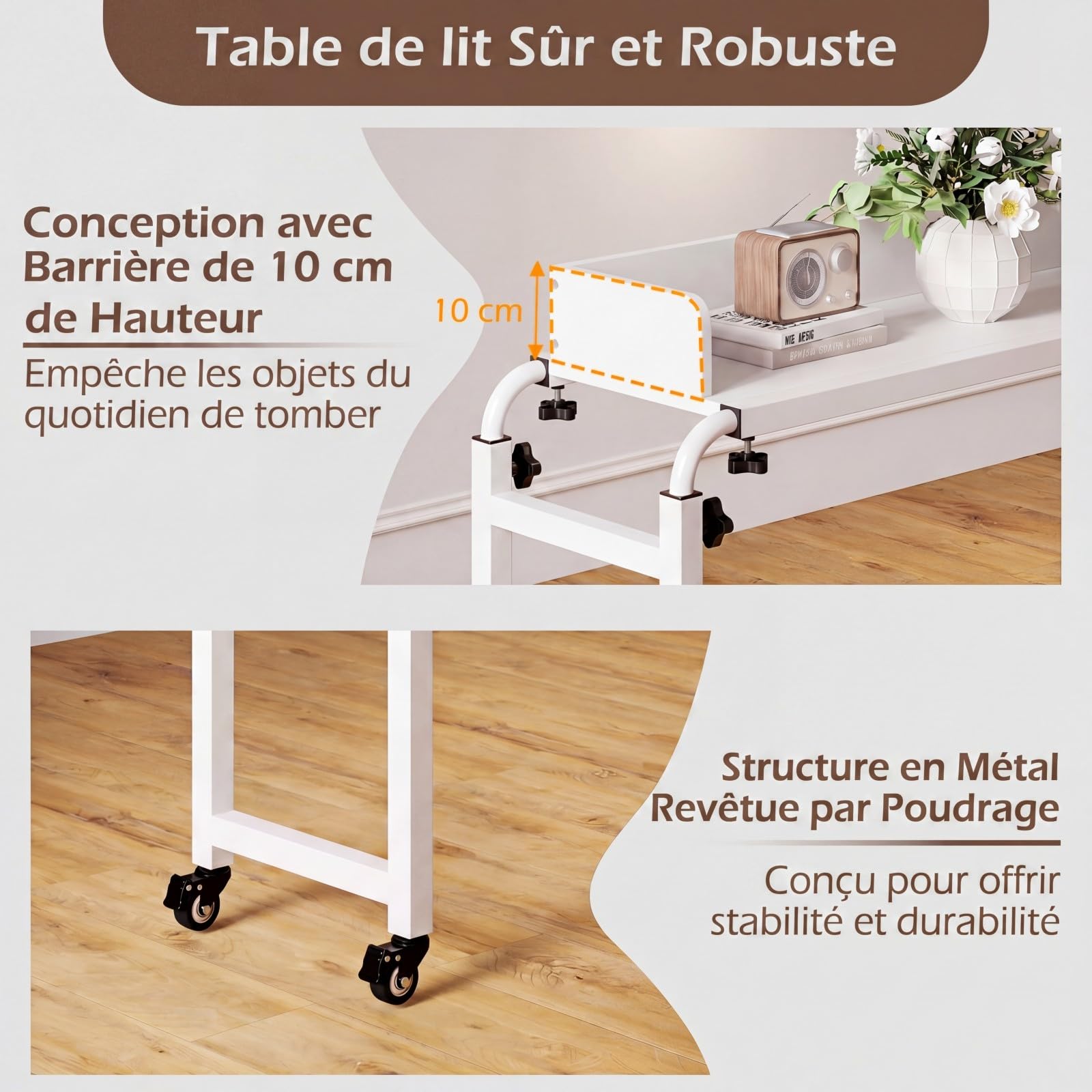 COSTWAY Table de lit Roulant, Bureau Mobile au-Dessus du Lit Hauteur(73,5 à 102 cm) et Longueur(135,5 à 206 cm) Réglable, Table d'appoint pour Ordinateur, pour Chambre, Canapé, Hôpital (Blanc)