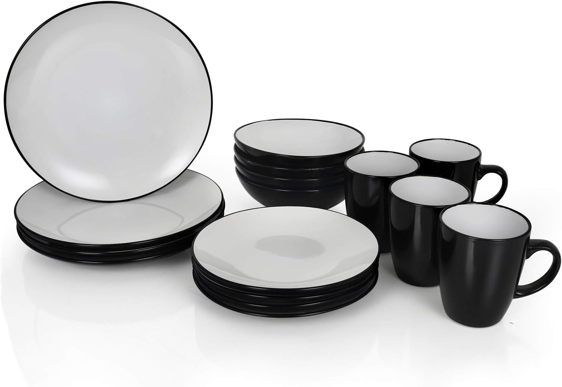 Urban Snackers Procelain 16 Piece Black Dinnerware Set for Kitchen, Dining Table Set of 4 Dinner Plates, 4 Plates, 4 Bowls and 4 Mugs Dishwasher, Microwave & Freezer Safe with 6 Months