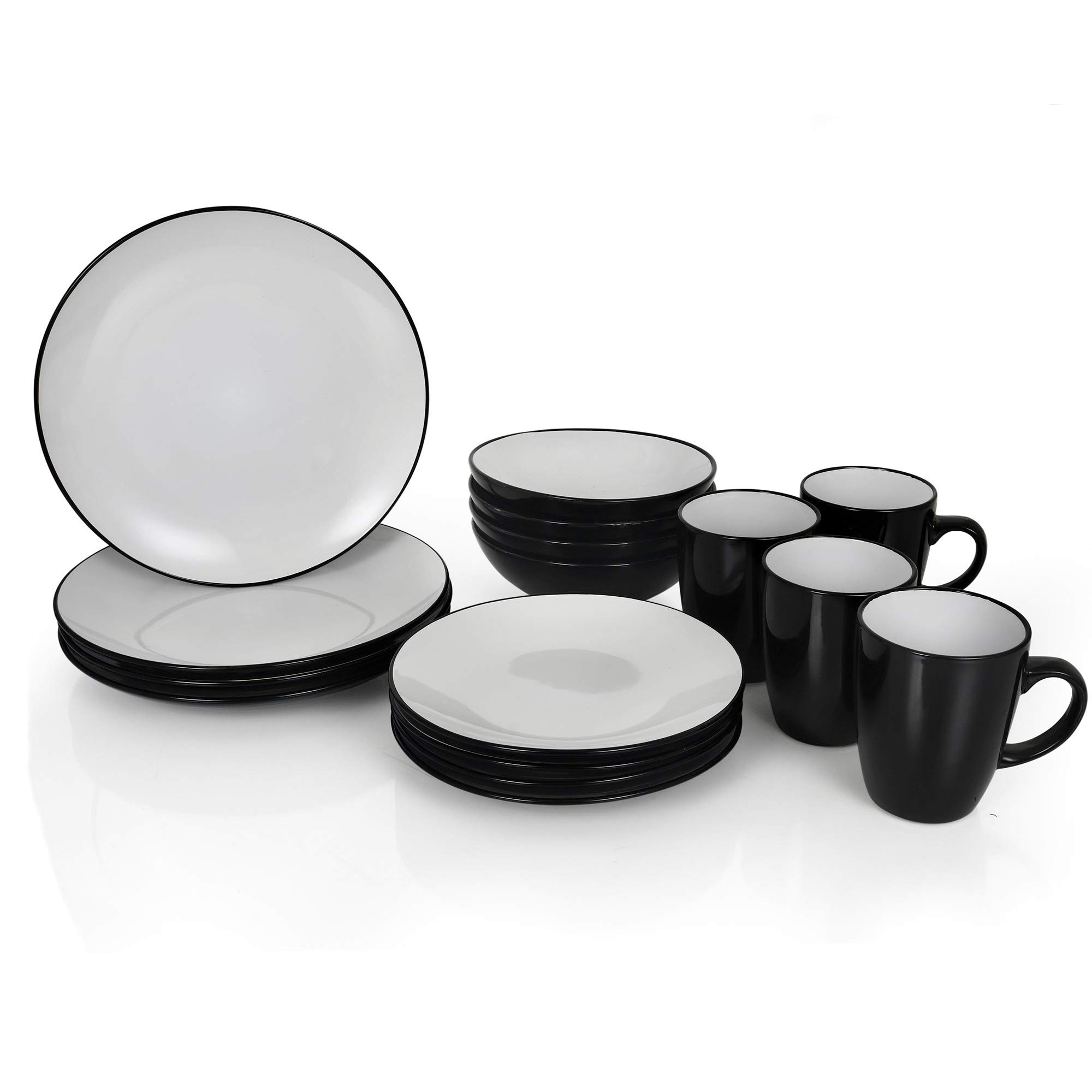 Urban Snackers Procelain 16 Piece Black Dinnerware Set for Kitchen, Dining Table Set of 4 Dinner Plates, 4 Plates, 4 Bowls and 4 Mugs Dishwasher, Microwave & Freezer Safe with 6 Months