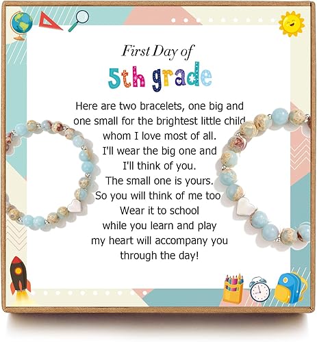 Pulseras para el primer día de clases de grado 1-5 para mamá y yo, regalos de regreso a clases, pulseras de corazón con cuentas para mamá e hija,