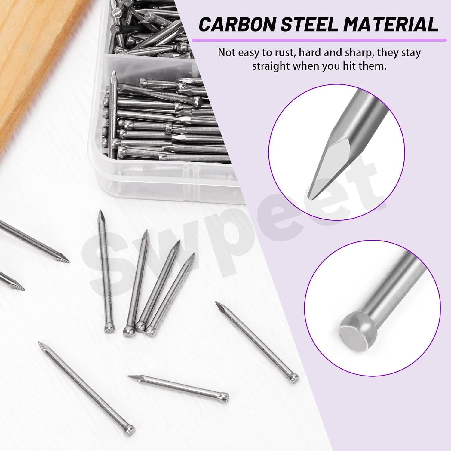Swpeet 400Pcs 4 Sizes 26/28/ 30/ 35mm Silver Finishing Nails Assortment Kit, Hand-Drive Hardware Carbon Steel Nail Lost Head Nails for Picture Hanging, Wood, Frame, Plaster and Concrete Wall