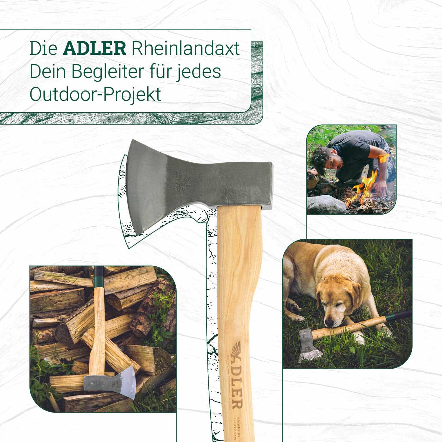 ADLER Rheinlandaxt 1250g – 70 cm Hickorystiel – C60 Stahl – Schwarz/Rot – Fällen, Entasten & Spalten bis Ø20cm – inkl. Lederschutz – Made in Germany