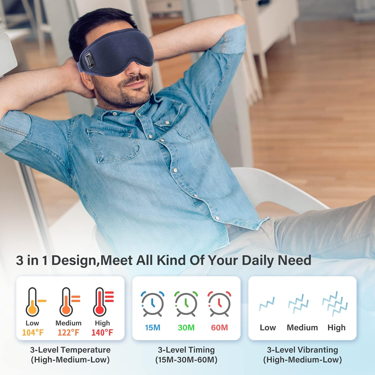 3 in 1 Heated Massage Eye Mask, USB Heating Eye Mask with 3 Vibration Mode,3D Contoured Sleep Mask,Hot Eye Compress Mask for Men Women with Timer for Dry Eye,Tired Eyes,MGD, Dark Circles,Puffiness