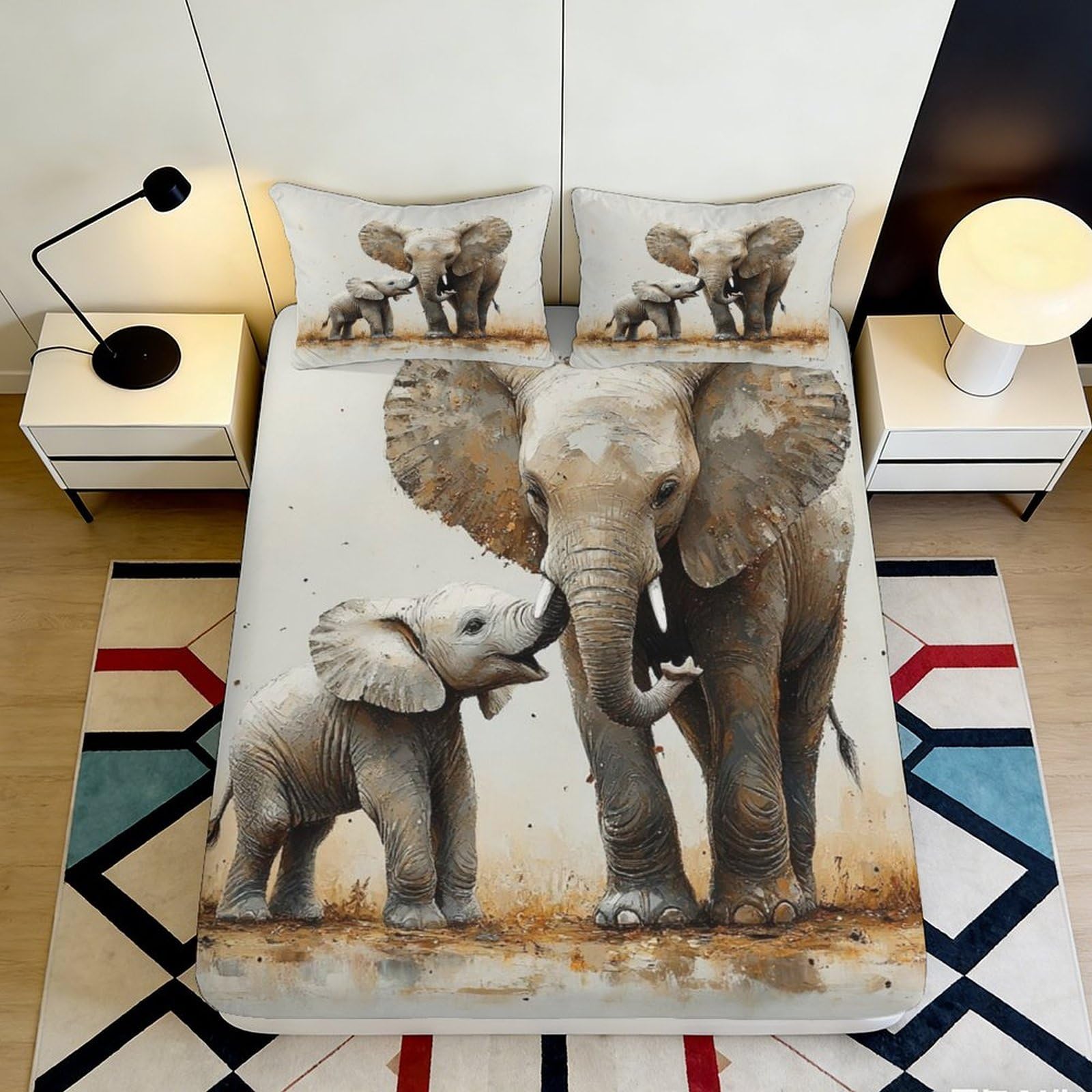 3D Printed Elephant Family Fitted Sheet Microfiber Soft Anti-slip Mattress Cover Bedroom Decor Dustproof for Adults Teens 90x200x25cm