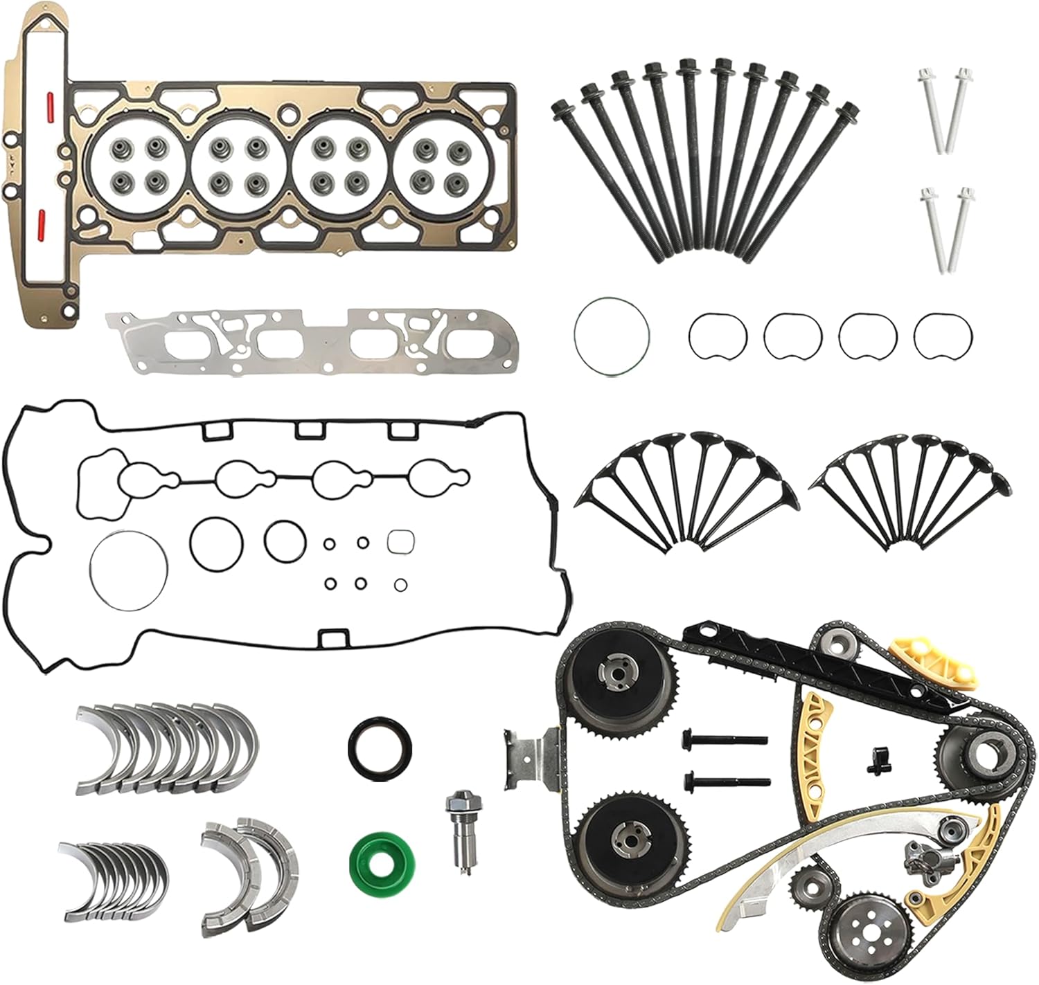 2.4 Head Gasket Set Timing Chain VVT Gears Kit Valves Bearing Kit w/Head Bolts Fit For Buick Lacrosse Chevrolet Equinox Malibu GMC Terrain 2.4L L4 DOHC 2010-2017 HS26517PT 94201SX ES72196