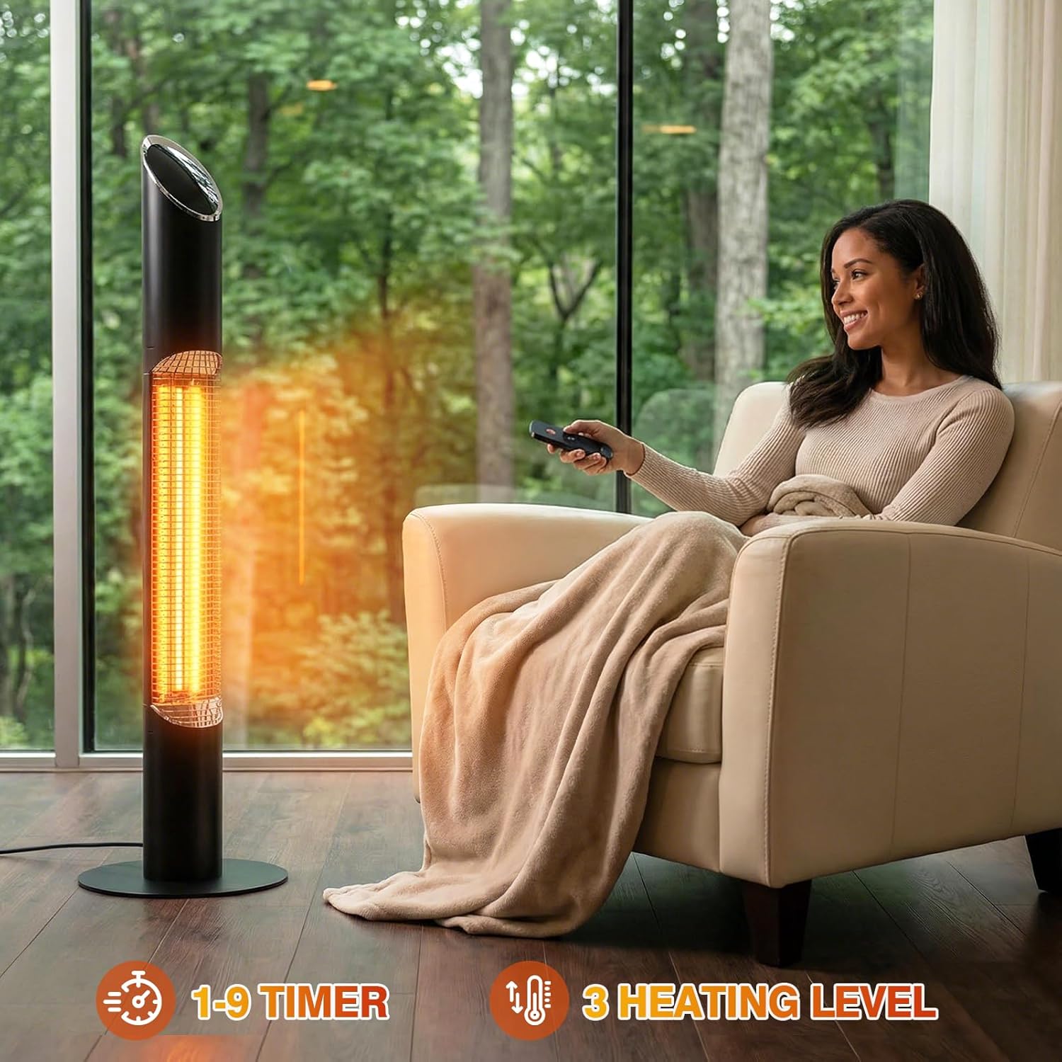 Freestanding Outdoot Electric Heater, Infrared Patio Heater for Outdoor/Indoor Use, 1500W garage heater electric, REMOTE CONTROL, BLACK
