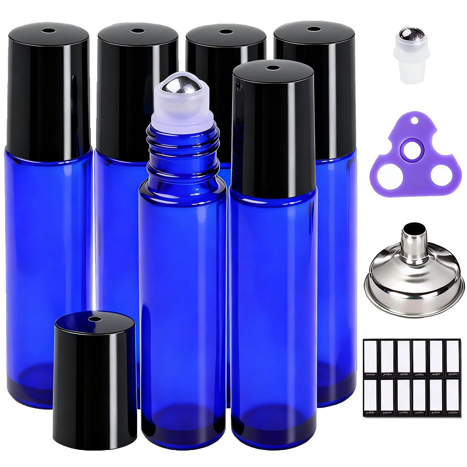 PrettyCare 6 Pack, 10 ml Essential Oil Roller Bottles with Stainless Steel Roller Ball - Refillable Leak-proof Empty Thick Blue Glass Roll on Bottles with Black Caps for Travel, Perfume