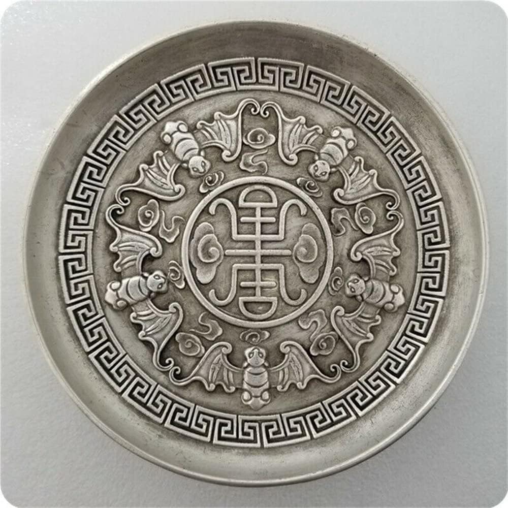 EFARMA feng Shui Ornaments, 10.3cm Chinese Old Qianlong Tibet Silver Handcarved Bat Pattern Plate Decorate, Candle Holder Tray for Coffee Table, Entryway, Decorative House Gifts