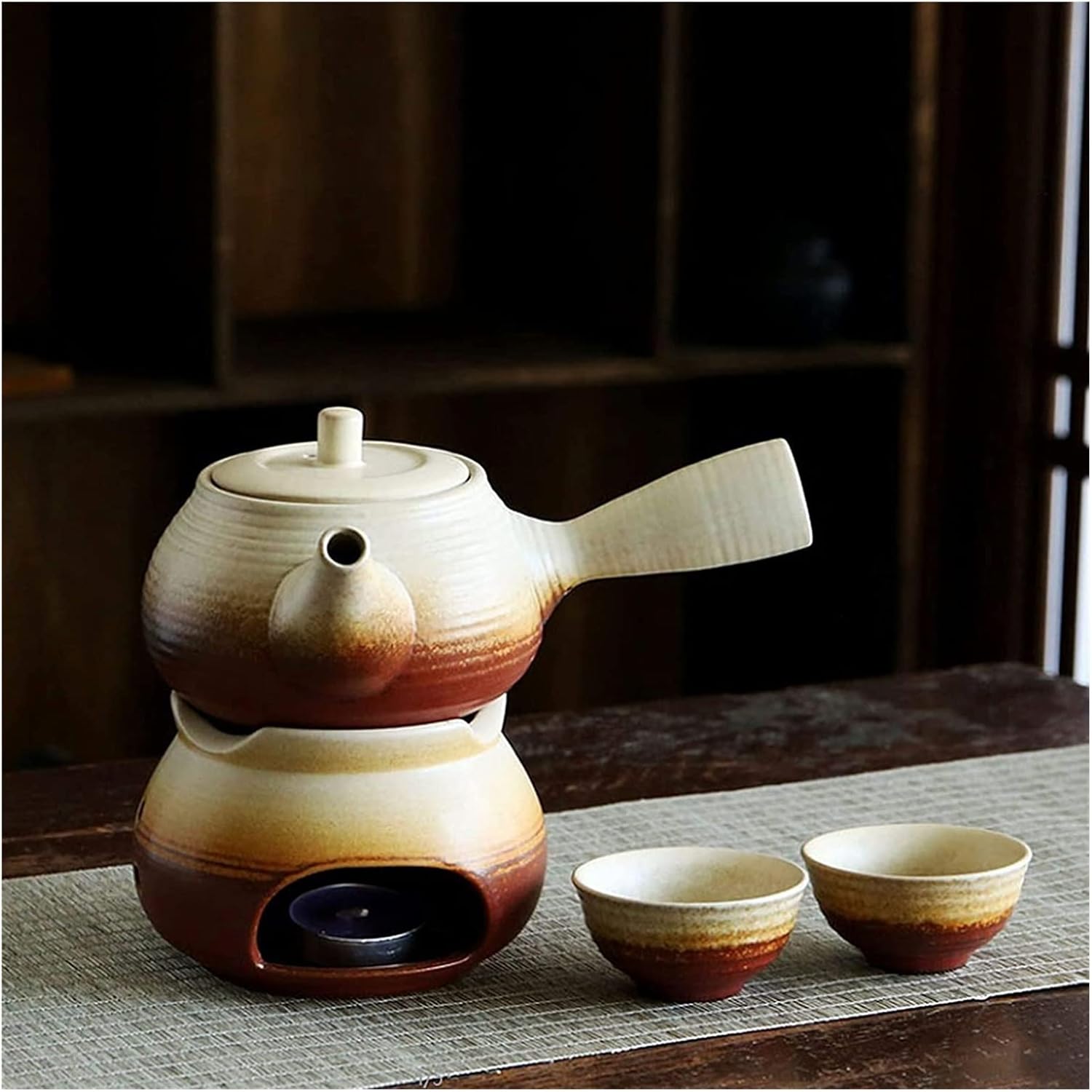 Traditional Sake Cup,Ceramic Wine Glasses,Japanese Sake Set,Side Handle Sake Bottle,Traditional Ceramic Hot Set,4 Pieces,Candle Stove,1 Japanese Sake (B)