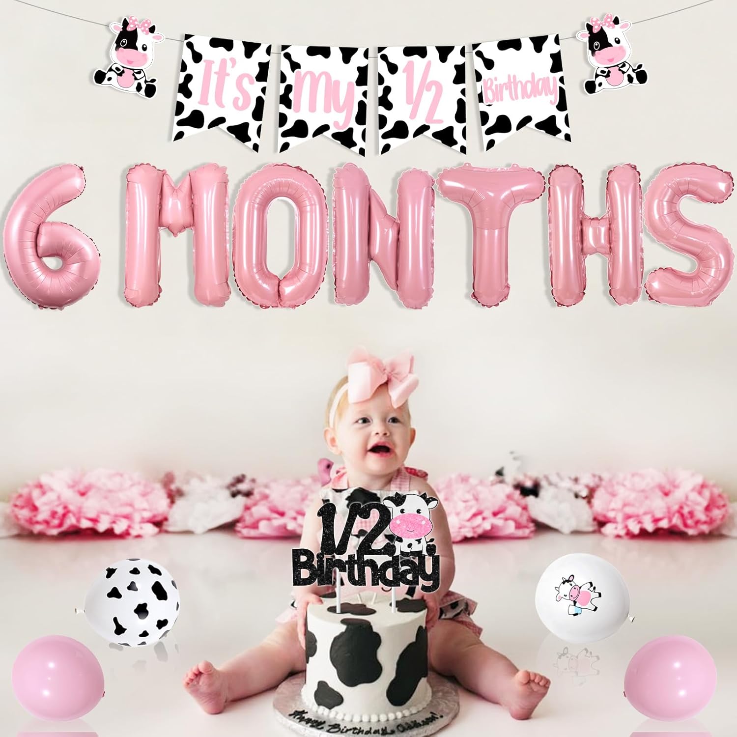 Cow 6 Months Decorations Girl - It's My 1/2 Birthday Highchair Banner and Cake Topper, 6 Month Balloons Banner for Girls, Holy Cow Farm Animal Half Year Party Supplies
