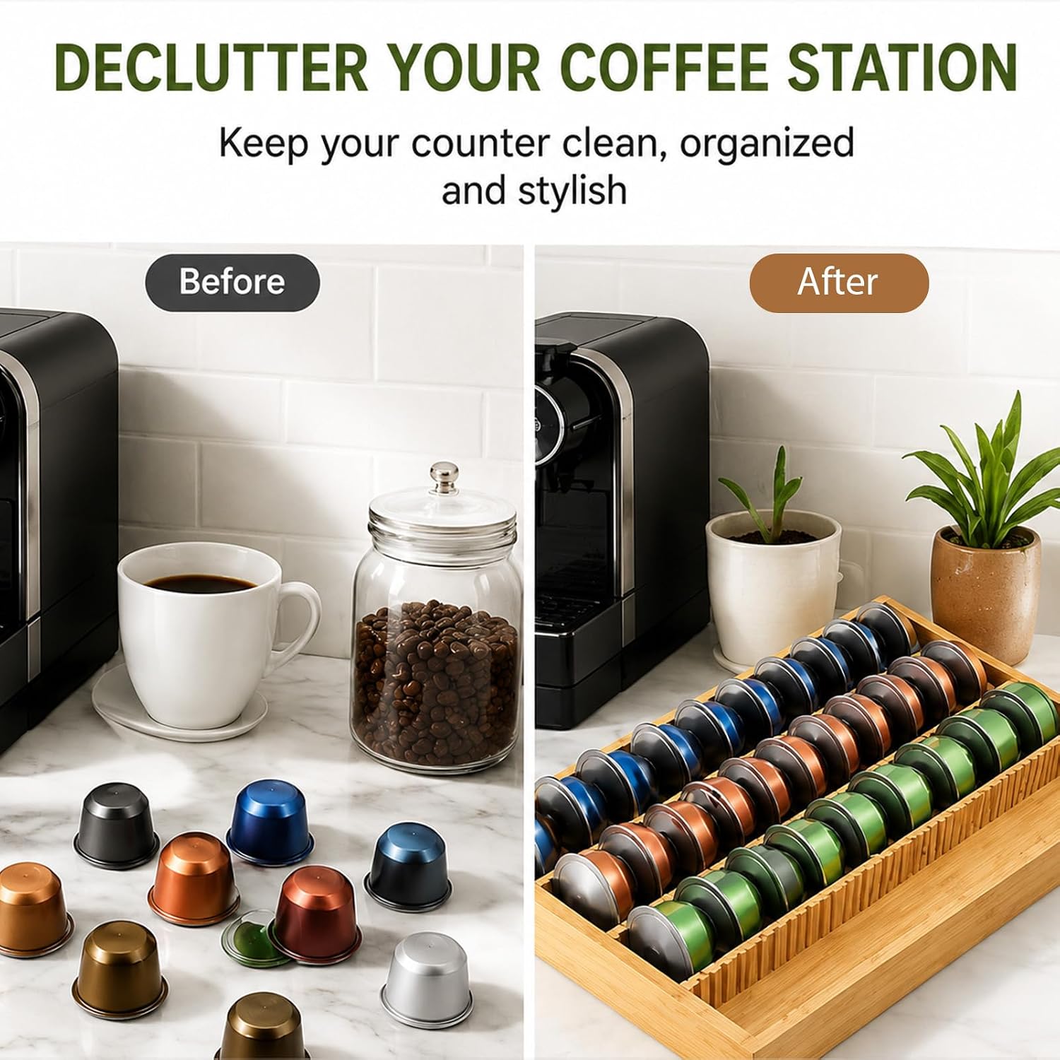 Bamboo Coffee Pod Storage Holder, 15×10 inch Coffee Pod Drawer Insert Organizer for Counter, Holds 40 Pods With Divided Sections, Space-Saving Coffee Station Storage for Kitchen Home Office