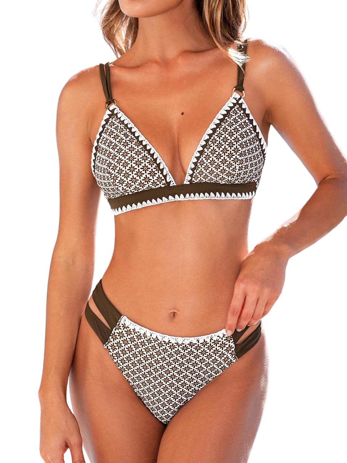 CUPSHE Womens Bikini Sets Two Piece Swimsuit V Neck Stitching Side Cutout Back Hook Adjustable Straps