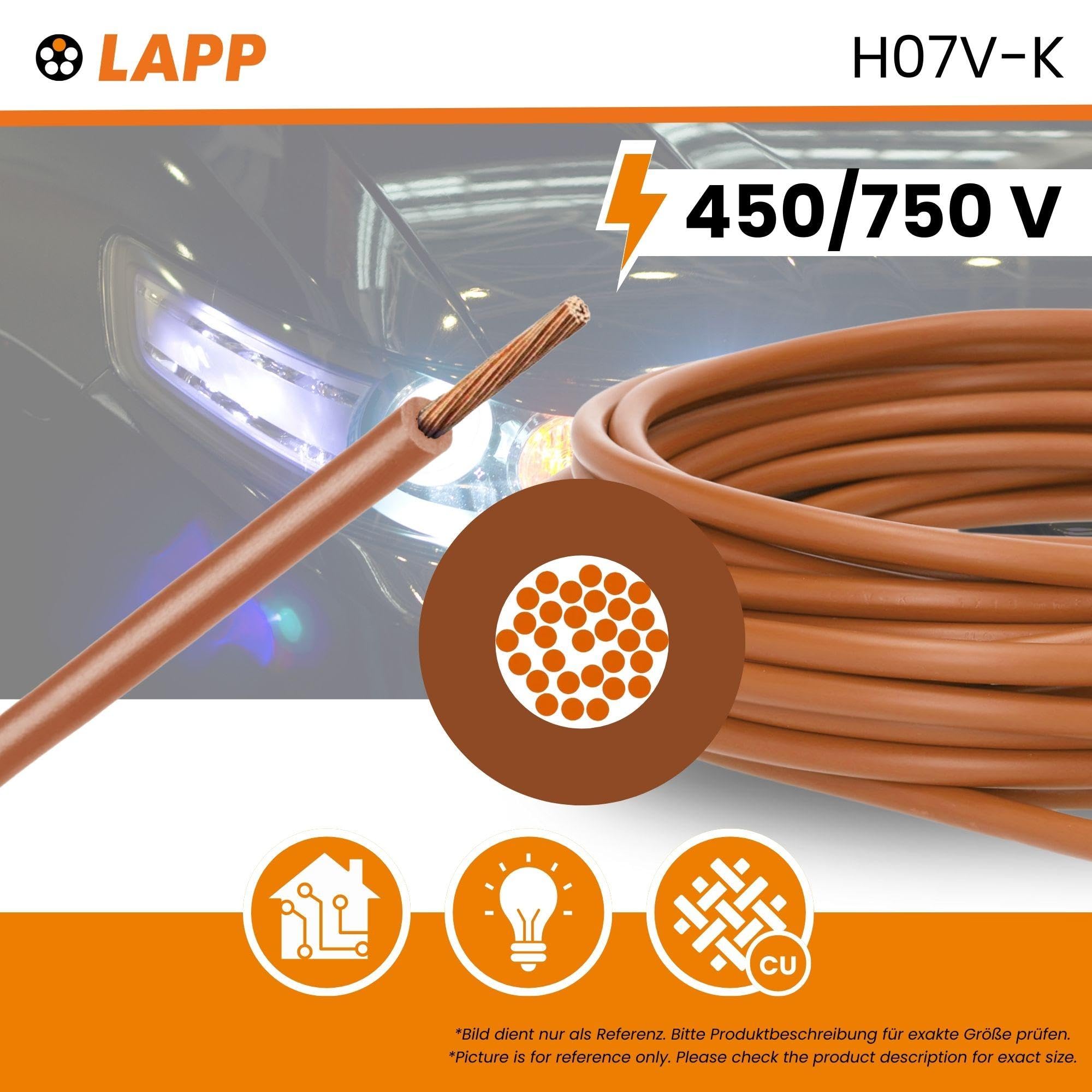 Lapp 4520036 H07V-K 16 mm² Marrone - Cavo di Cablaggio Flessibile in PVC | Cavo singolo unipolare 16 mm2, classe 5 IEC 60228, per quadri elettrici e canali chiusi, conduttore in rame nudo