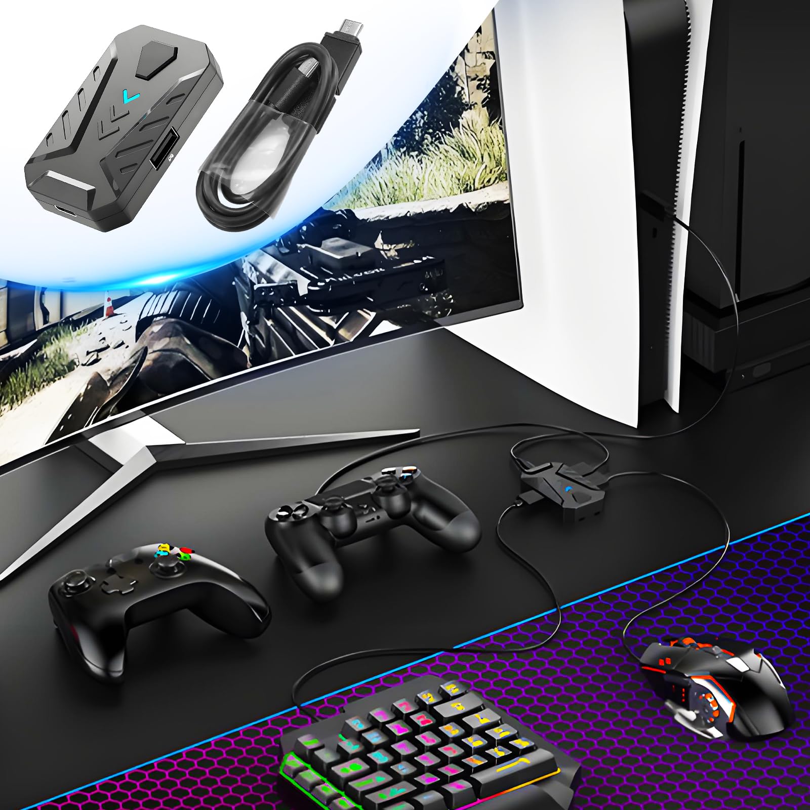 Flylin Adaptateur de clavier de souris, convertisseur de contrôleurs de jeu Plug and Play avec câble de type C, convertisseur de clavier portable et de souris pour PS3/PS4/X360/X-One