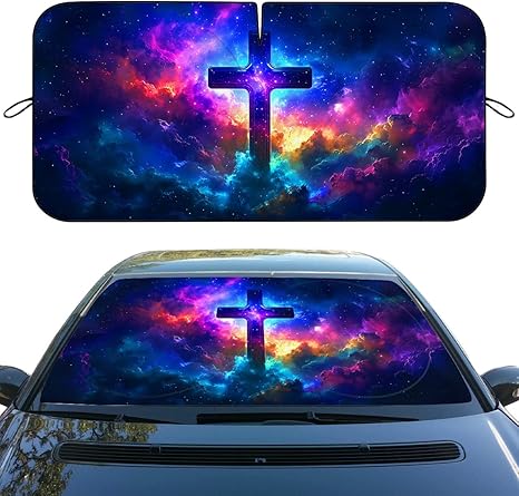 Jesus Cross Car Windshield Sunshade Folding Galaxy Nebula Cosmic Heatshield Front Window UV Rays Sun Shade Visor Protector for Sedan Truck SUV