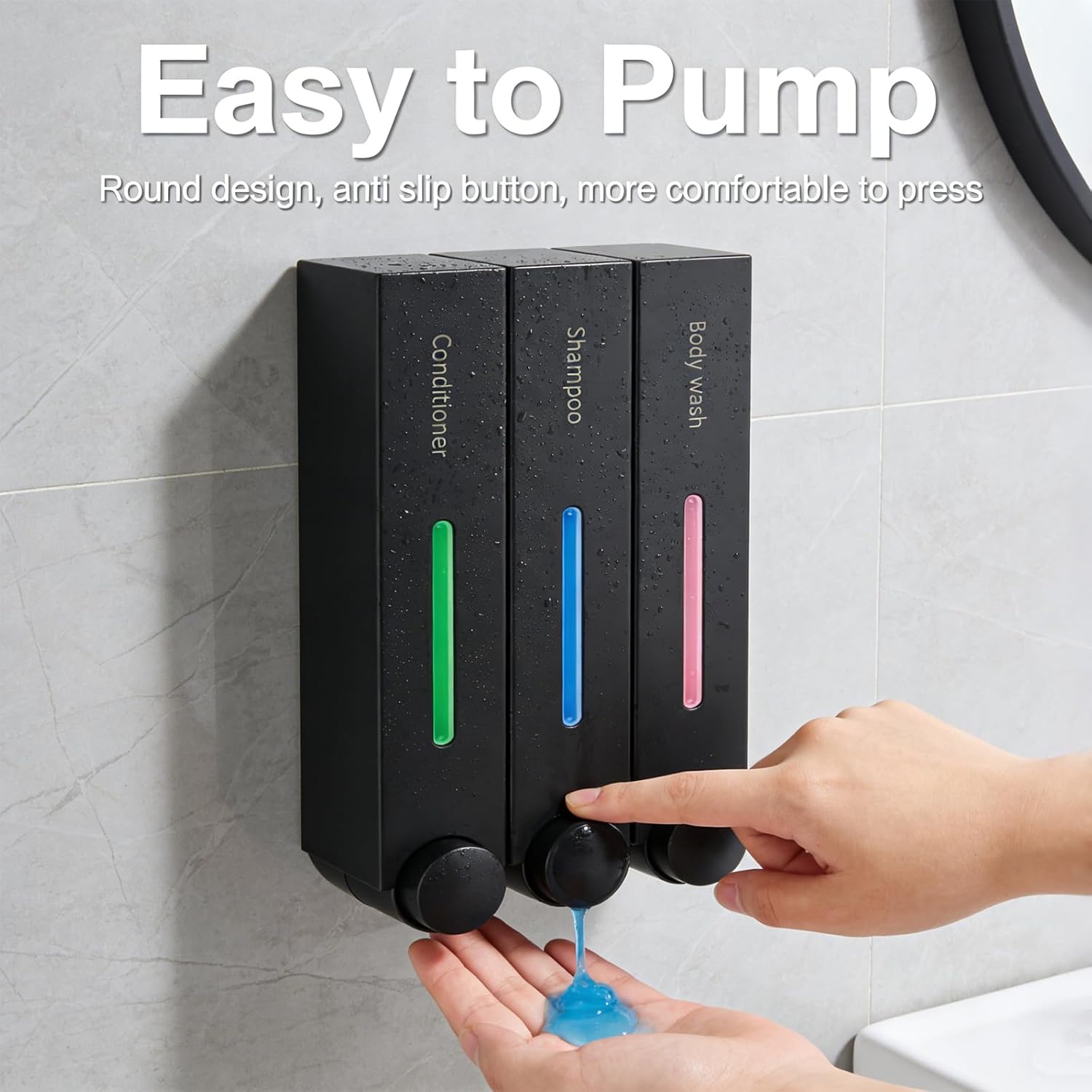 2 Set Shampoo and Conditioner Dispenser- Wall-Mounted 3-Chamber Shower Soap Dispenser, Shower Pump Dispenser and Organizer for Bathroom Kitchen Hotel, No-Drill, 1200ML