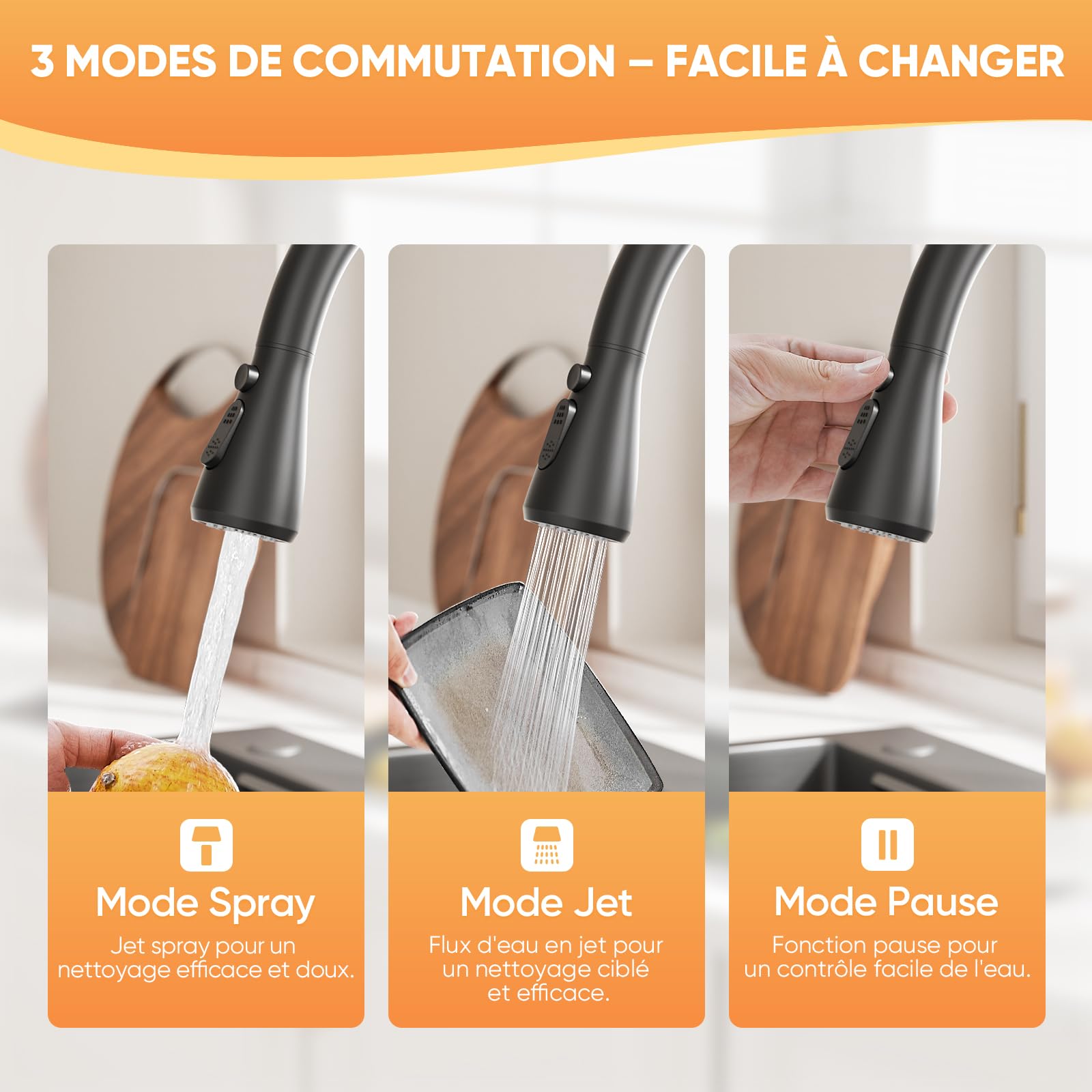 BESy Robinet Cuisine avec Douchette Rétractable, 3 Fonctions, Noir Mat