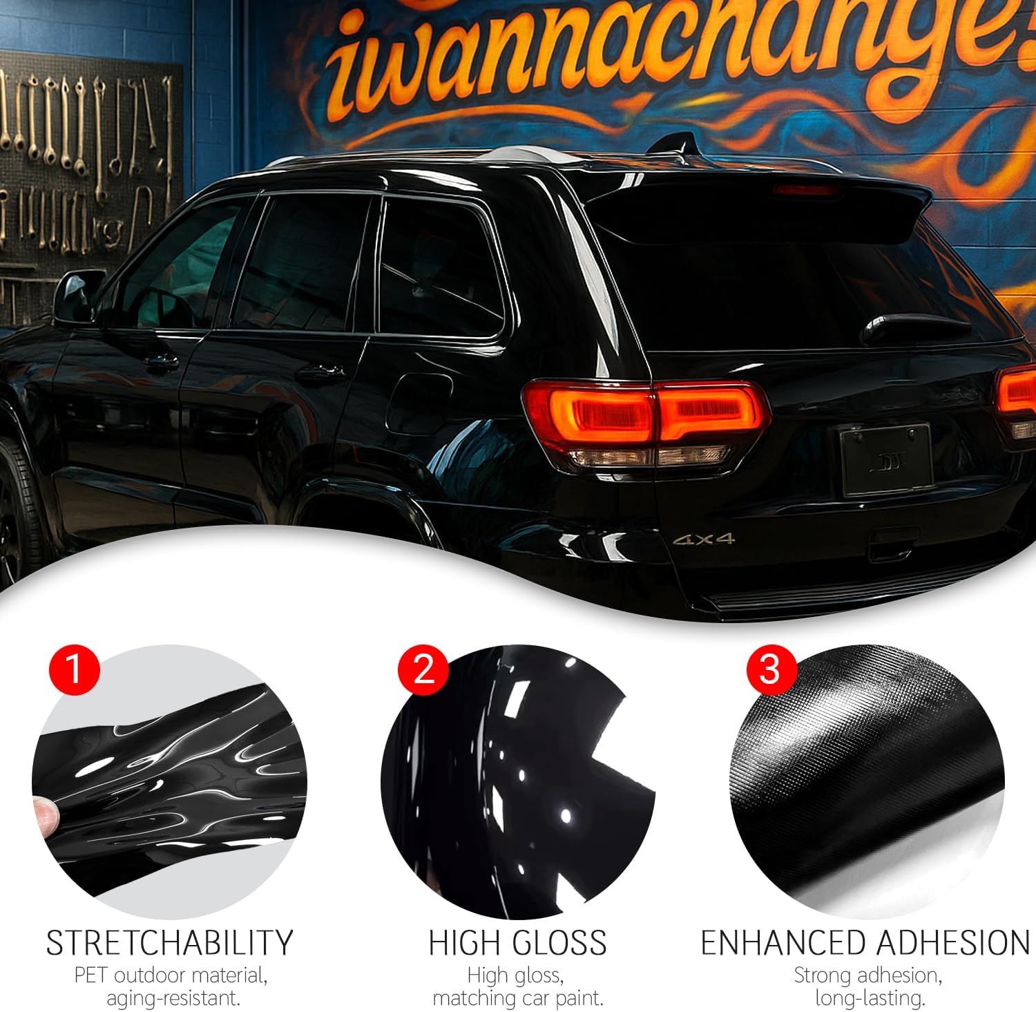 Side Window Trim Chrome Delete Vinyl Wrap Overlay fit for 2011-2021 Jeep Grand Cherokee Accessories with Blackout Film Gloss Black Kits Accessories
