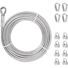 5/16 Stainless Steel Cable, 10ft 304 Stainless Steel Aircraft Cable with 9800lbs Breaking Strength, 7x19 Strands Wire Rope with Clamps & Thimble for Ziplines, Boat Lifts, Deck Railings, Winch Cable