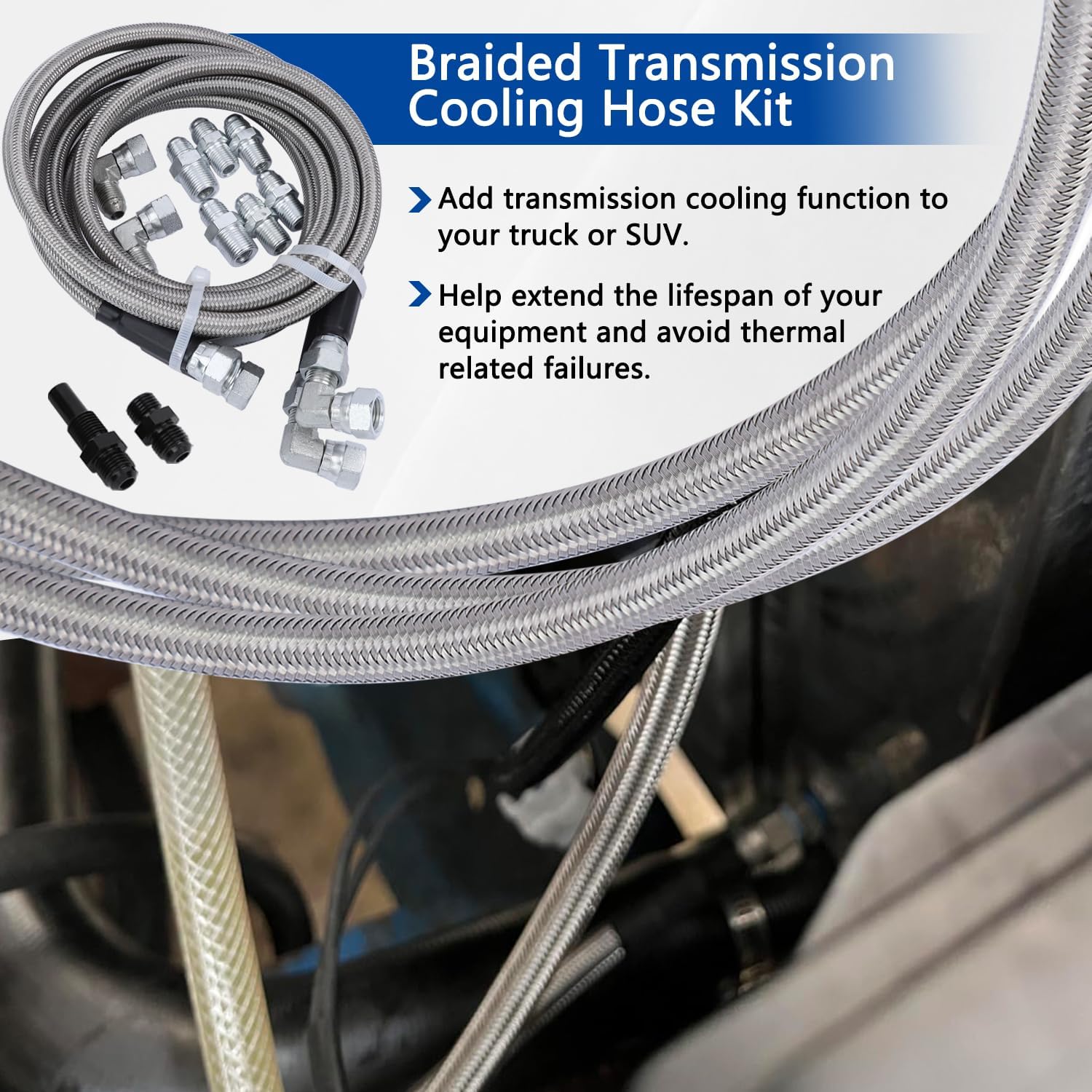 6AN 70’’ Transmission Cooler Hose Line kit, Compatible with GM Chevy Transmission 4L80E TH350 TH400 4L60E 700R4 200-4R TR6060 C5 AOD Stainless Steel Braided AN6 Adapter Fitting