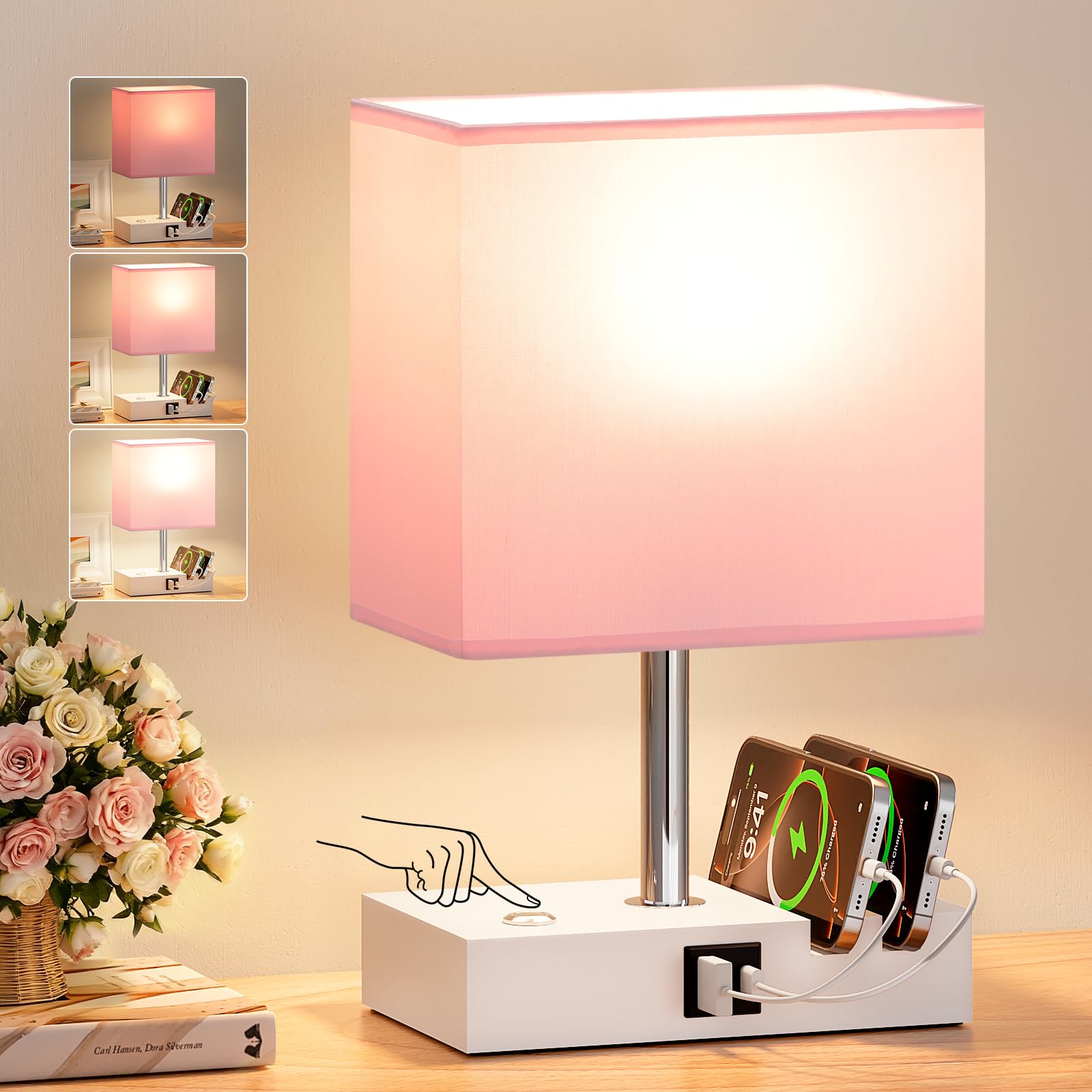 PreeOtti Pink Touch Lamps Bedside with 2 Phone Slots