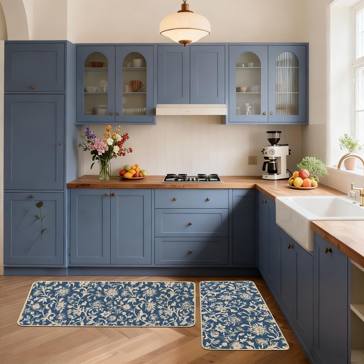 Baccessor Blue Floral Kitchen Mats Set of 2,Monochrome Sketch Retro Vintage Flowers Kitchen Rugs Absorbent Non Slip Low-Profile Washable for Spring Summer Floor Home Decor 17x29 and 17x47 Inch
