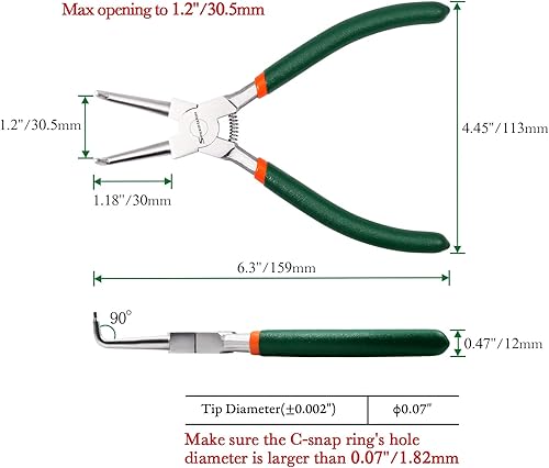 Miniatura 6 de SPEEDWOX Alicates de anillo a presión de 7 pulgadas, alicates de circlip interno, diámetro de punta de 0.07 pulgadas, alicates de anillo de