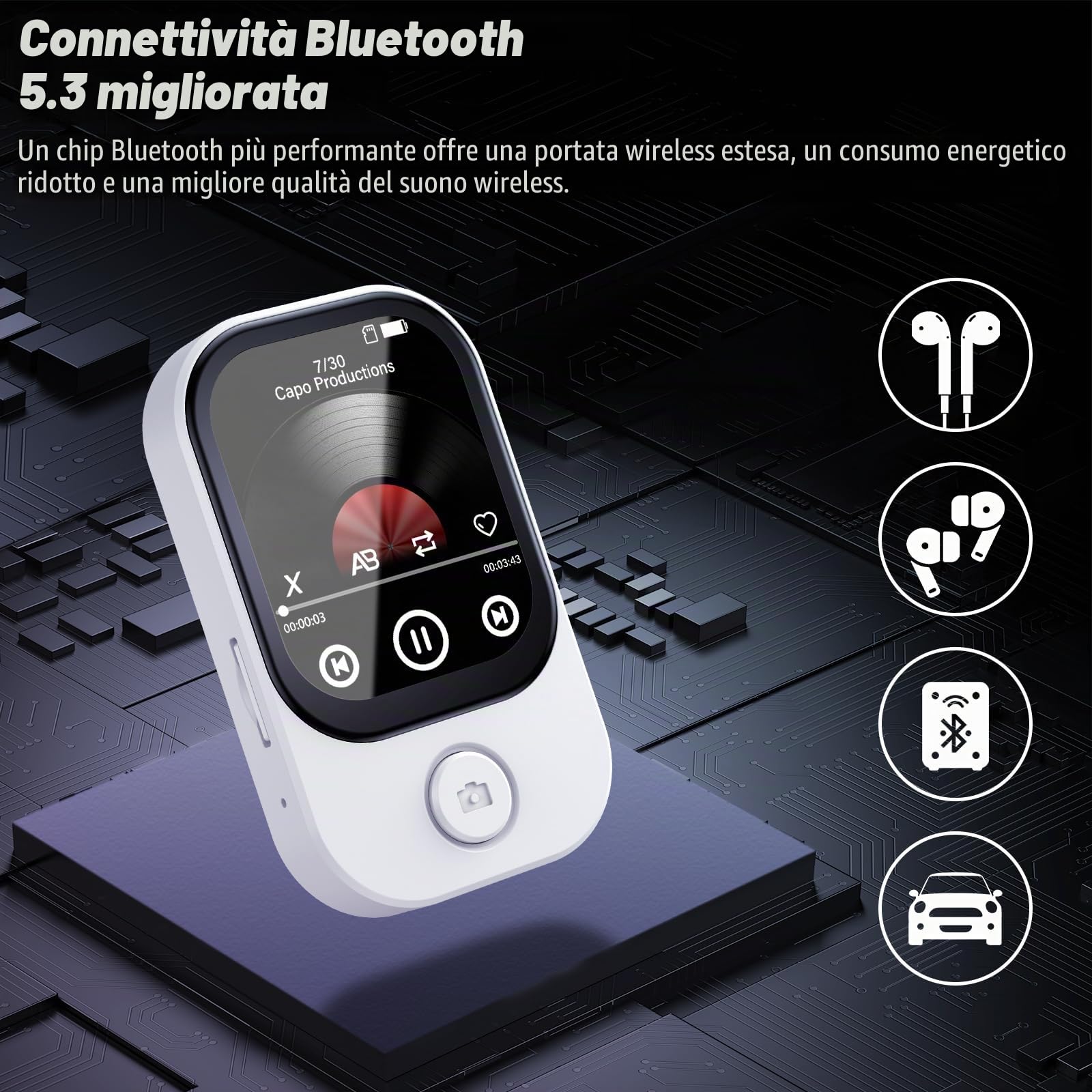 64GB Lettore MP3 Bluetooth 5.4 con fotocamera apribile a 180°, RWSRW, mini lettore musicale HD, altoparlante FM, album fotografico, ideale per Hi-Fi, lettore e-book, contapassi (Bianco)