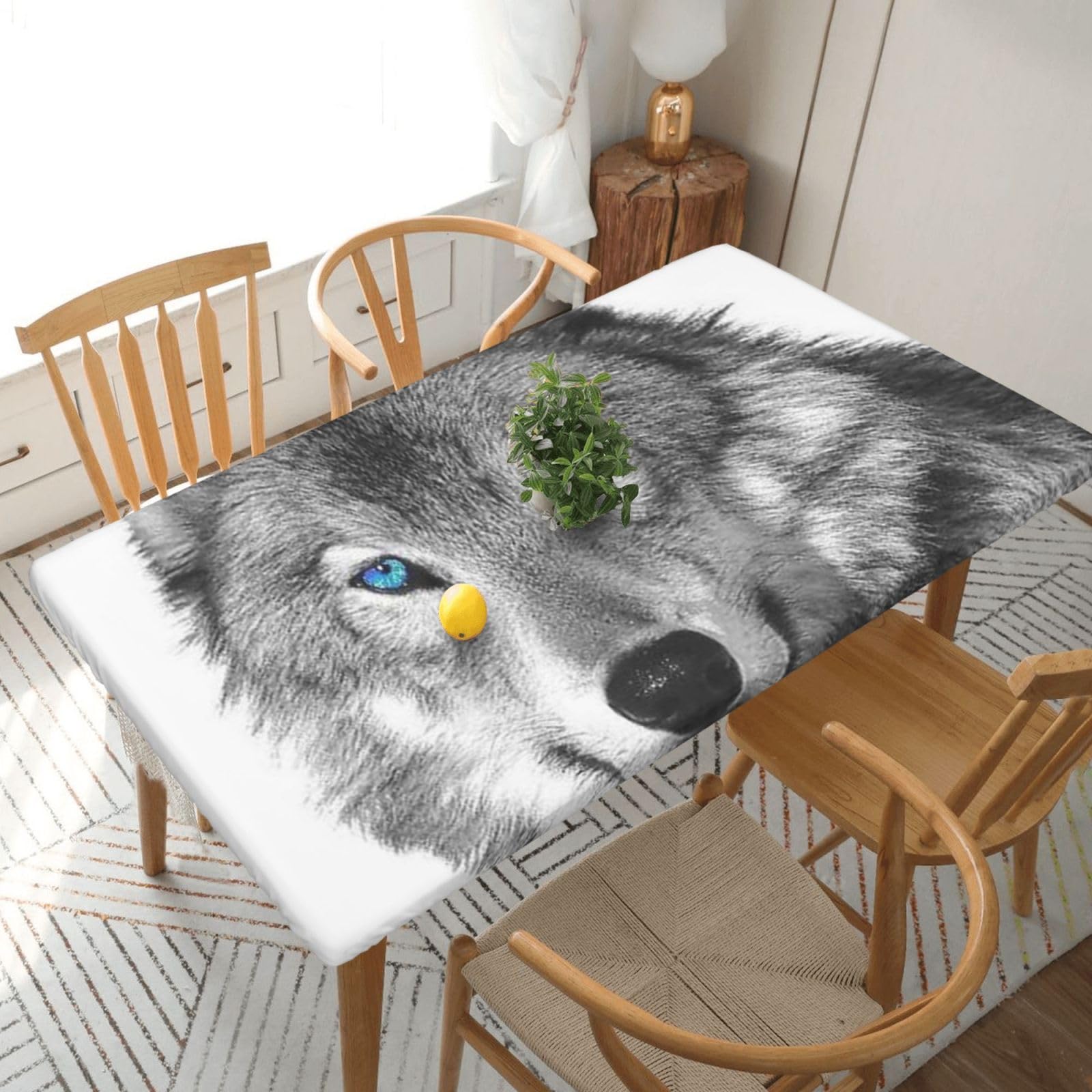 DCEHGEW Elastic Fitted Rectangle Tablecloth for 5ft Tables, Blue-eyed wolf Printed Oilproof & Washable Fabric Picnic Table Cloth Table Covers
