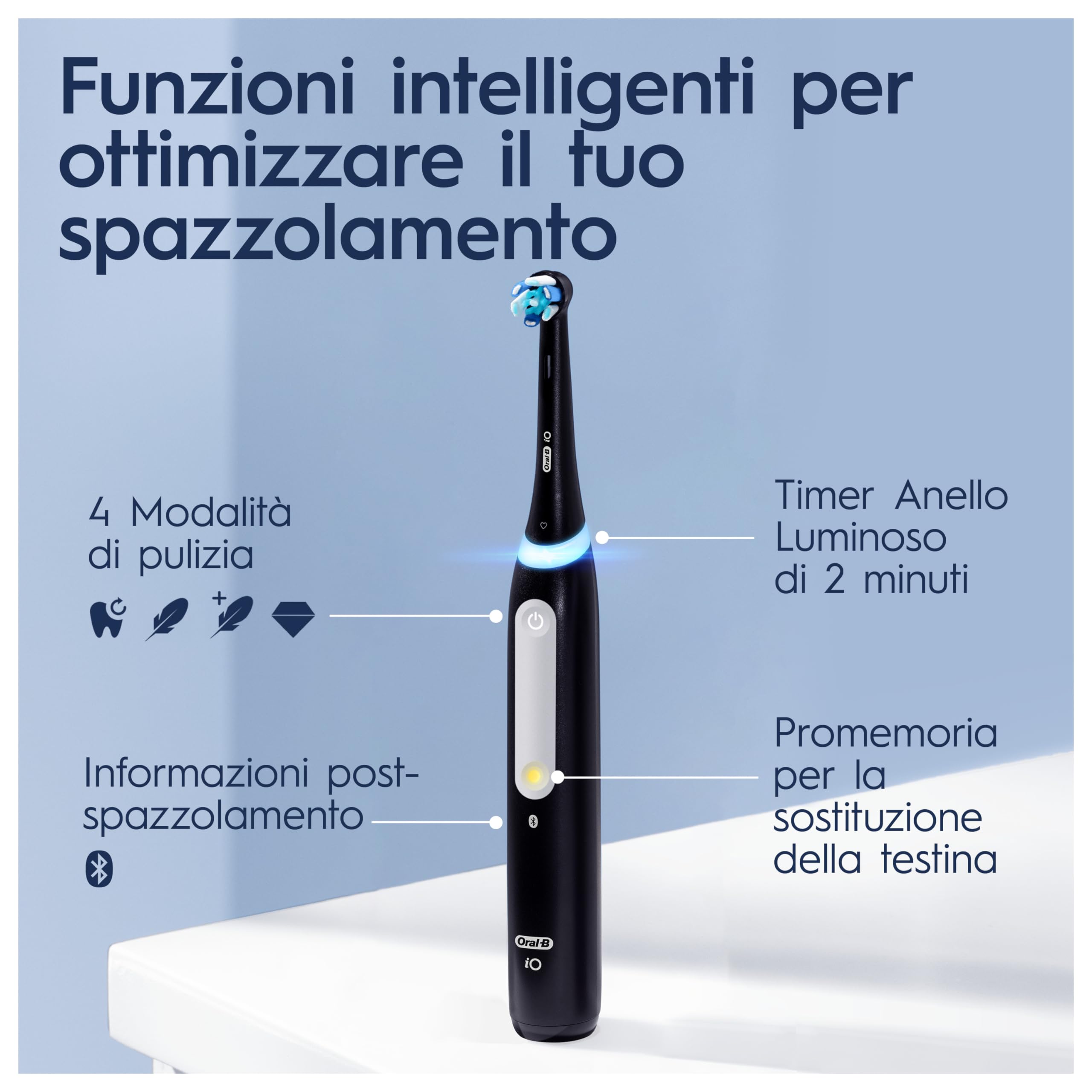Oral-B Spazzolino Elettrico Ricaricabile iO 4N, Sensore di Pressione, Connessione Bluetooth, 4 Modalità di Spazzolamento, 3 Testine, 1 Spazzolino, 1 Custodia da Viaggio, Nero, Idea Regalo