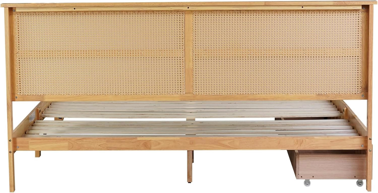 DEINPPA King Bed Frame Solid Rubber Wood Platform Bed with Rattan Headboard and 2 Storage Drawers, Boho Style/Wooden Slats Support/Noise-Free/8 inch Space Underneath/No Box Spring Need-Natural