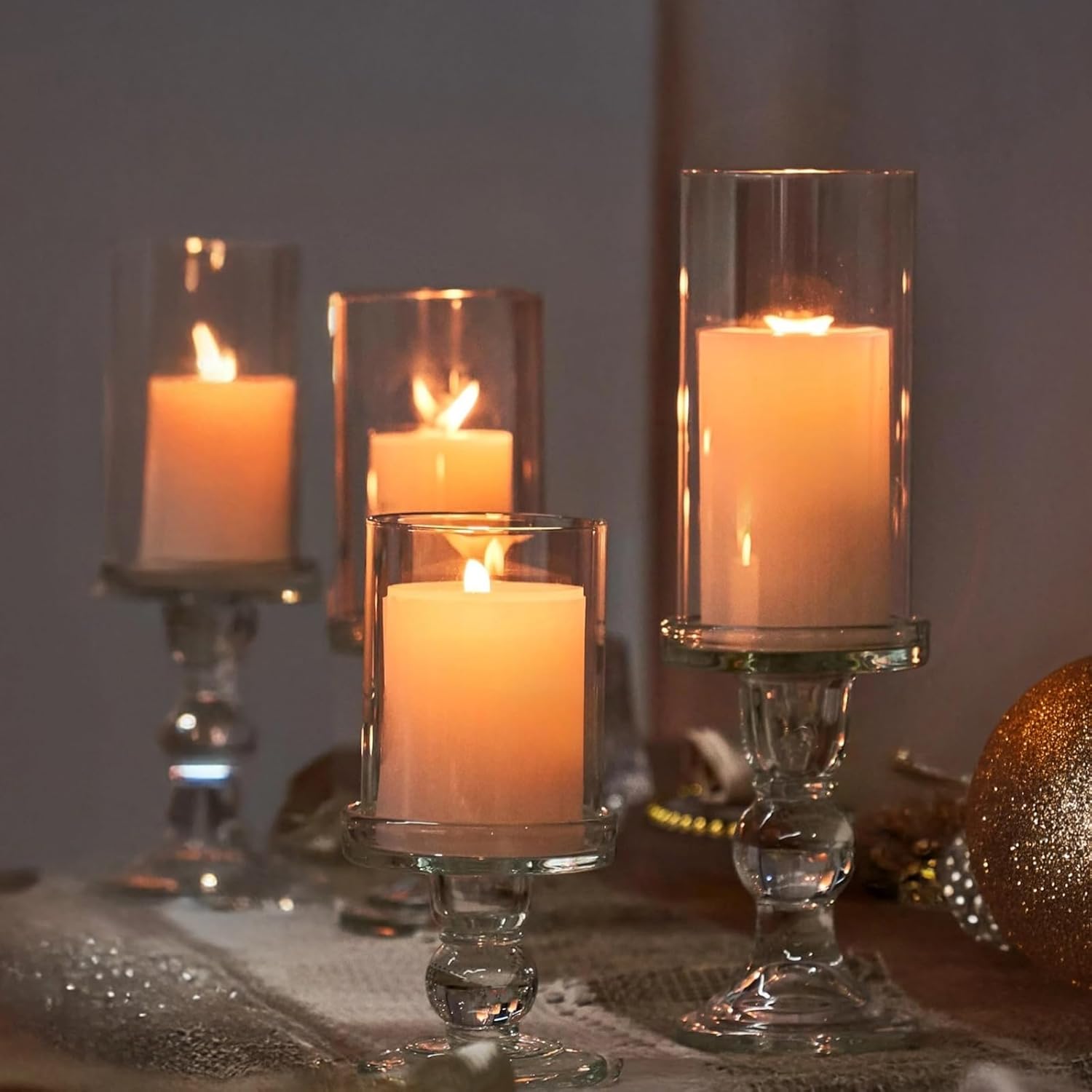 Set of 3 Crystal Glass Hurricane Candle Holders, Elegant Roman Column Design with Wind-Proof Shades, Ideal for Weddings and Home Décor