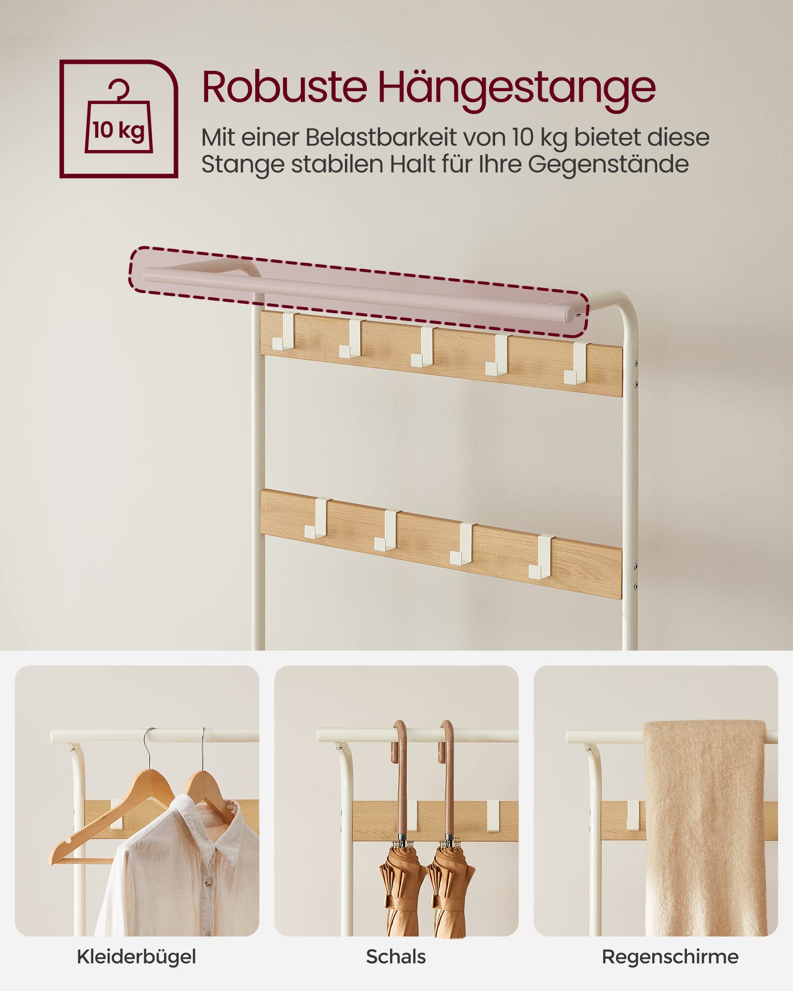 VASAGLE Garderobenständer, Garderobe, mit Schuhbank, 4-in-1 Design, 9 abnehmbare Haken, Kleiderstange, Eingangsbereich, Flur, 33,7 x 72 x 183 cm, modern, eichenfarben-weiß HSR40W