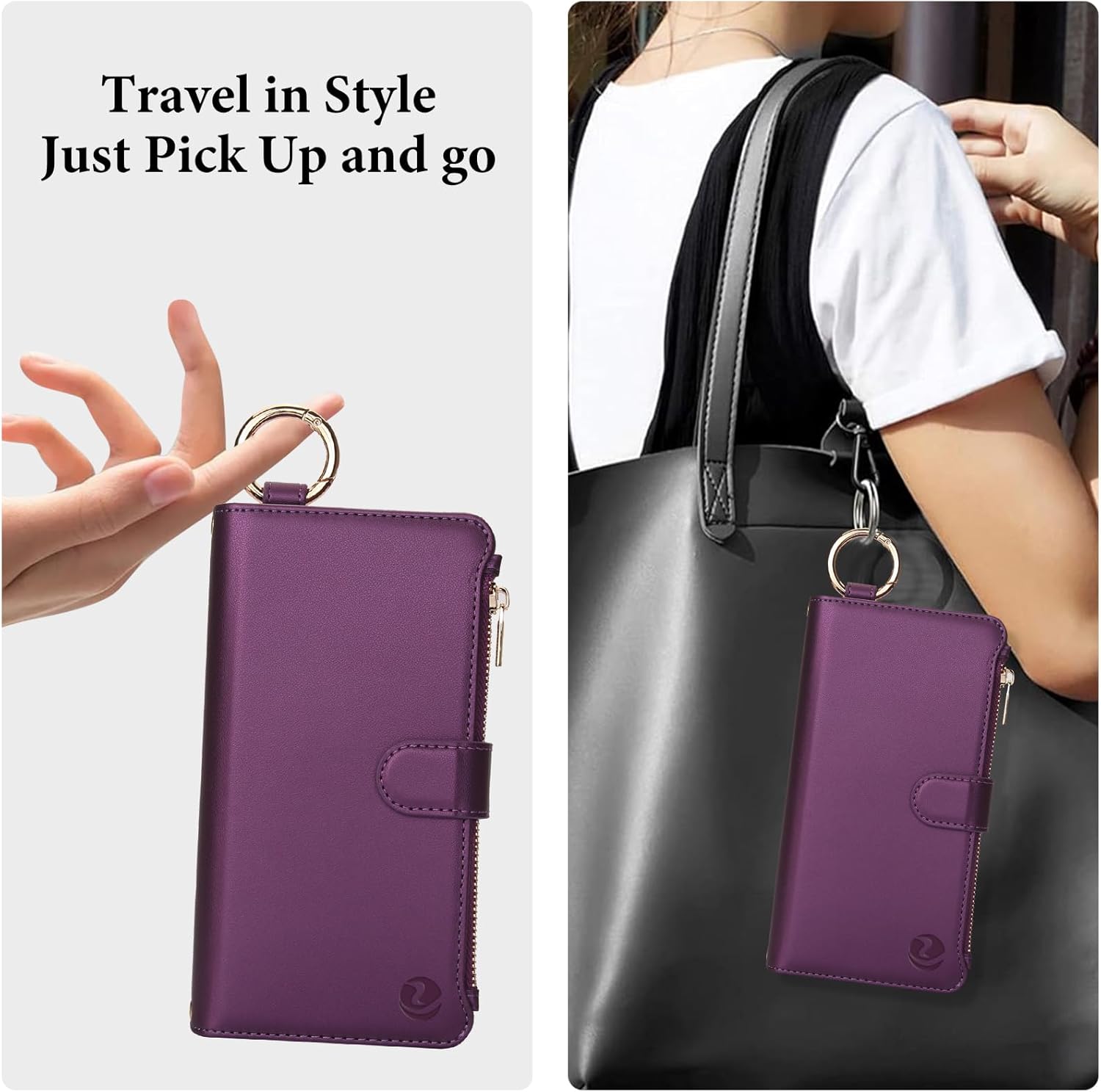 for iPhone 15 Pro Max Case Wallet with RFID Blocking Card Holder and Shoulder Strap Wrist Strap, Multi-Function Stylish Ring Zipper Purse Case for iPhone 15 Pro Max 6.7'', Deep Purple