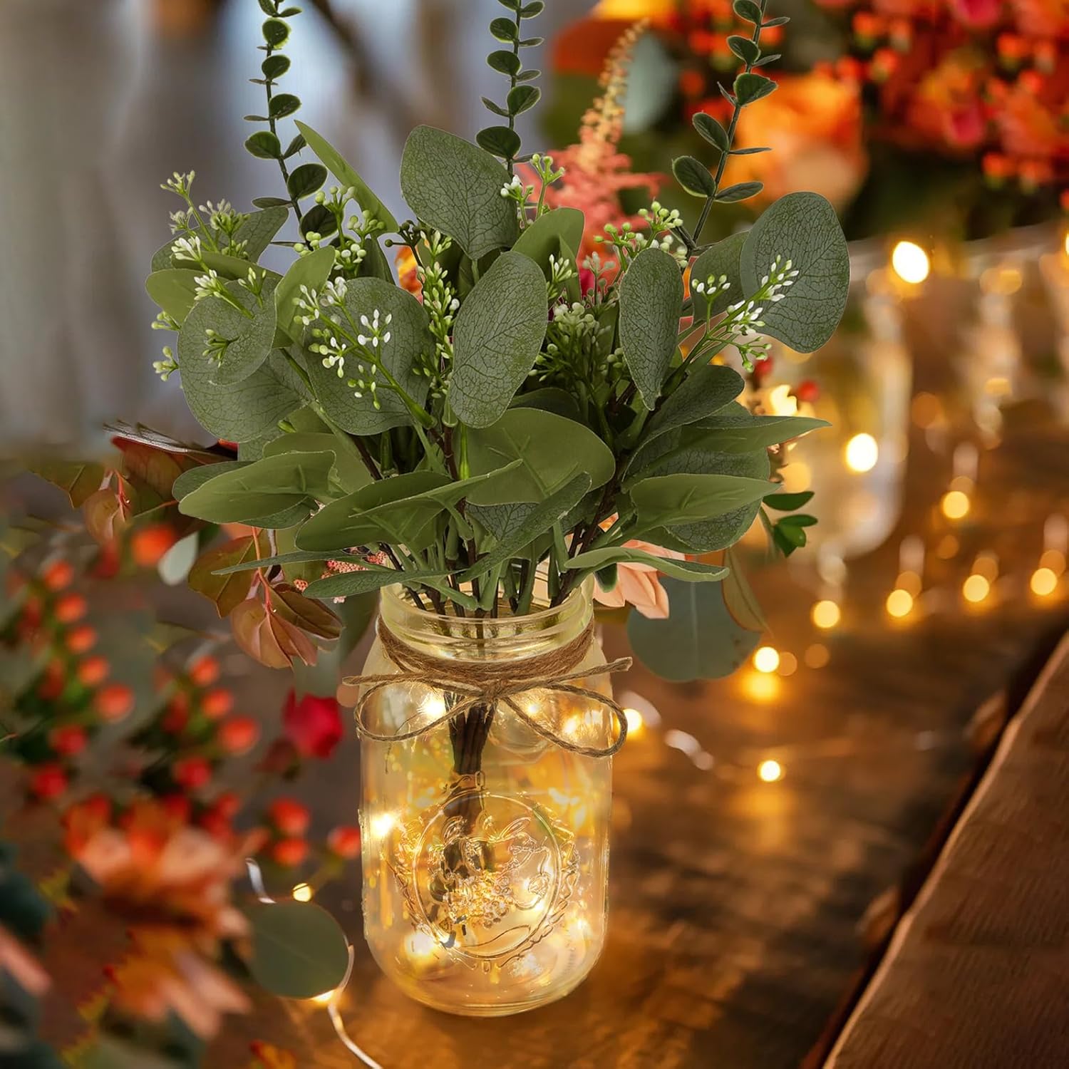 Lighted Mason Jar Centerpiece Set of 3 Eucalyptus Plant Decorative Jars Vase Farmhouse Table Decorations for Home Living Dining Room Wedding Christmas Thanksgiving Party