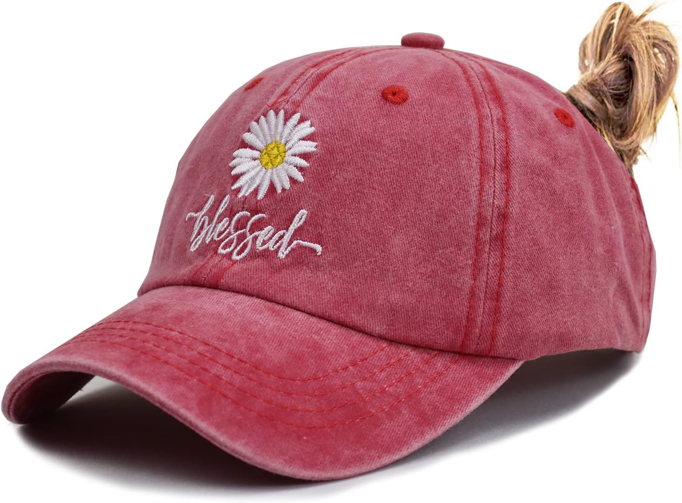 Daisy Blessed Ponytail Hats, Embroidered High Messy Bun Baseball Cap for Women