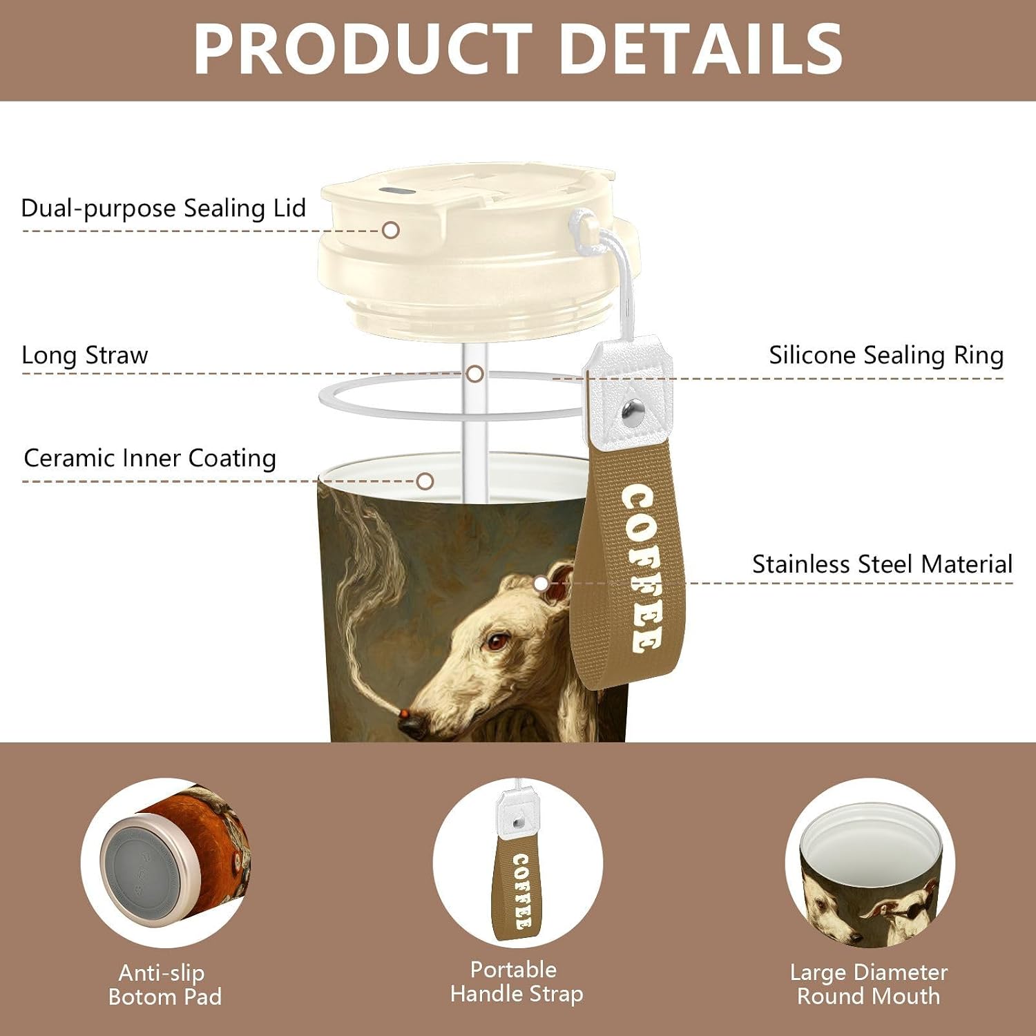 Whippets Porker Funny Insulated Coffee Mug with Straw & Flip Lid, 16.9oz Iced Tumbler Cup, Double Wall Vacuum Leak-Proof Mug for Travel Office