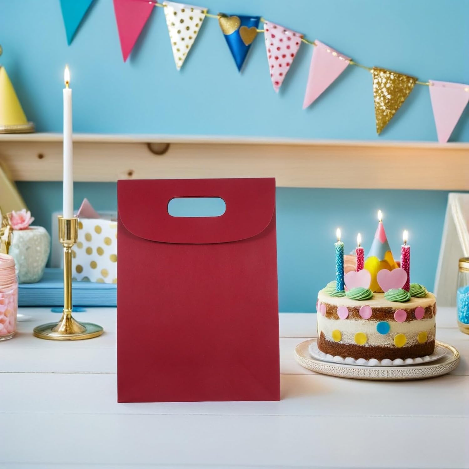 10pcs Kraft Paper Bags with Handles 20x9x28cm Red Brown Reusable Party Favor Bags for Shower Wedding Treats and Candy PackagingNO.3403