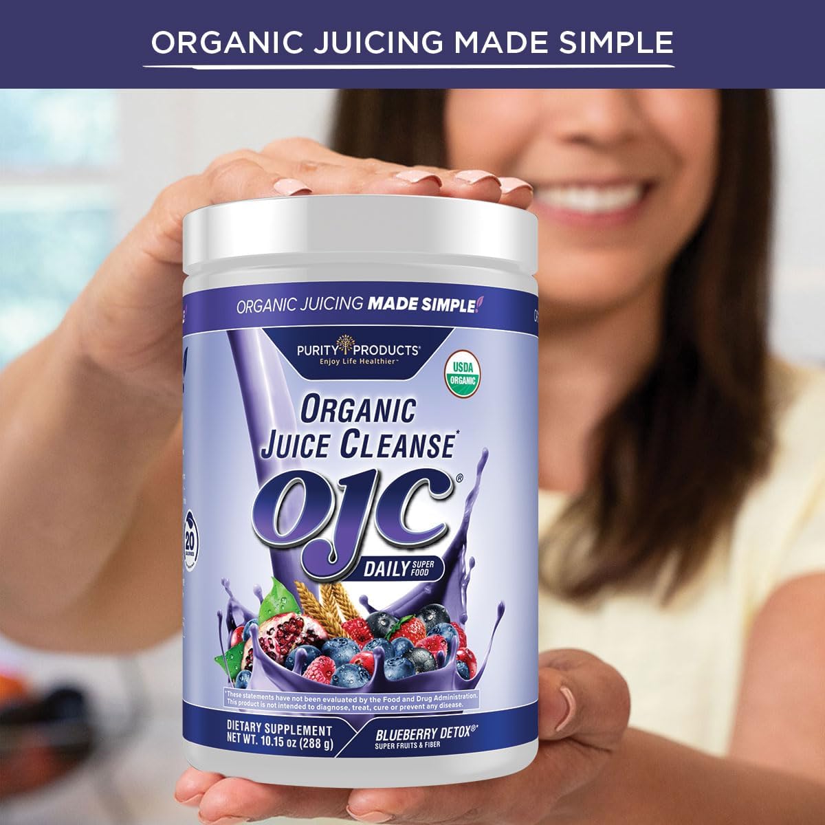 Purity Products OJC Blueberry Detox - Certified Organic Juice Cleanse Bloat + Gas Relief- Ft. OptiBiome Probiotics, Organic Super Fruits + 4 Grams Organic Psyllium Fiber - Vegan - 30 Day Supply
